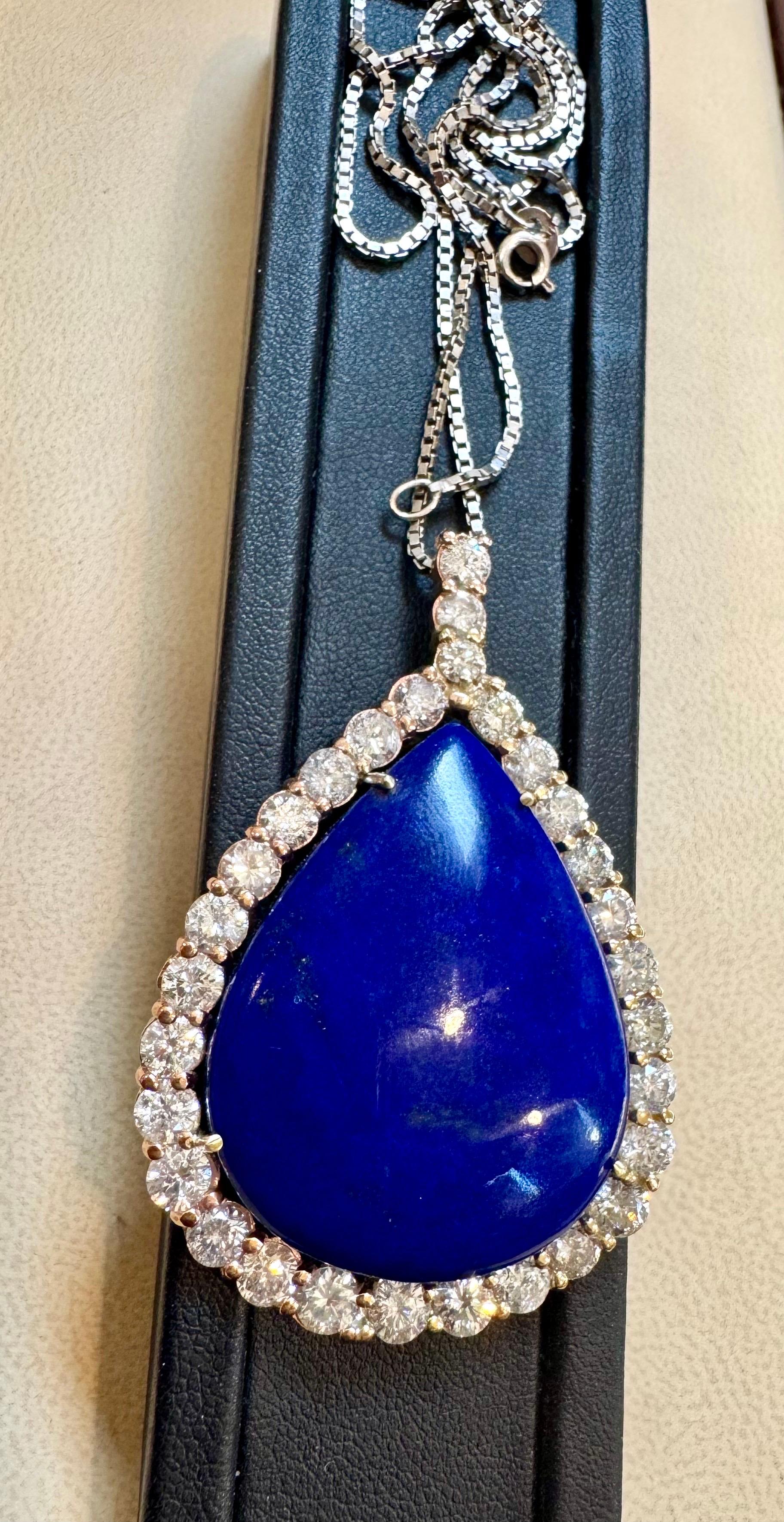 75 Carat Lapis  & 9.5 ct Diamond Pendant Necklace 14 Karat White Gold + Chain For Sale 4