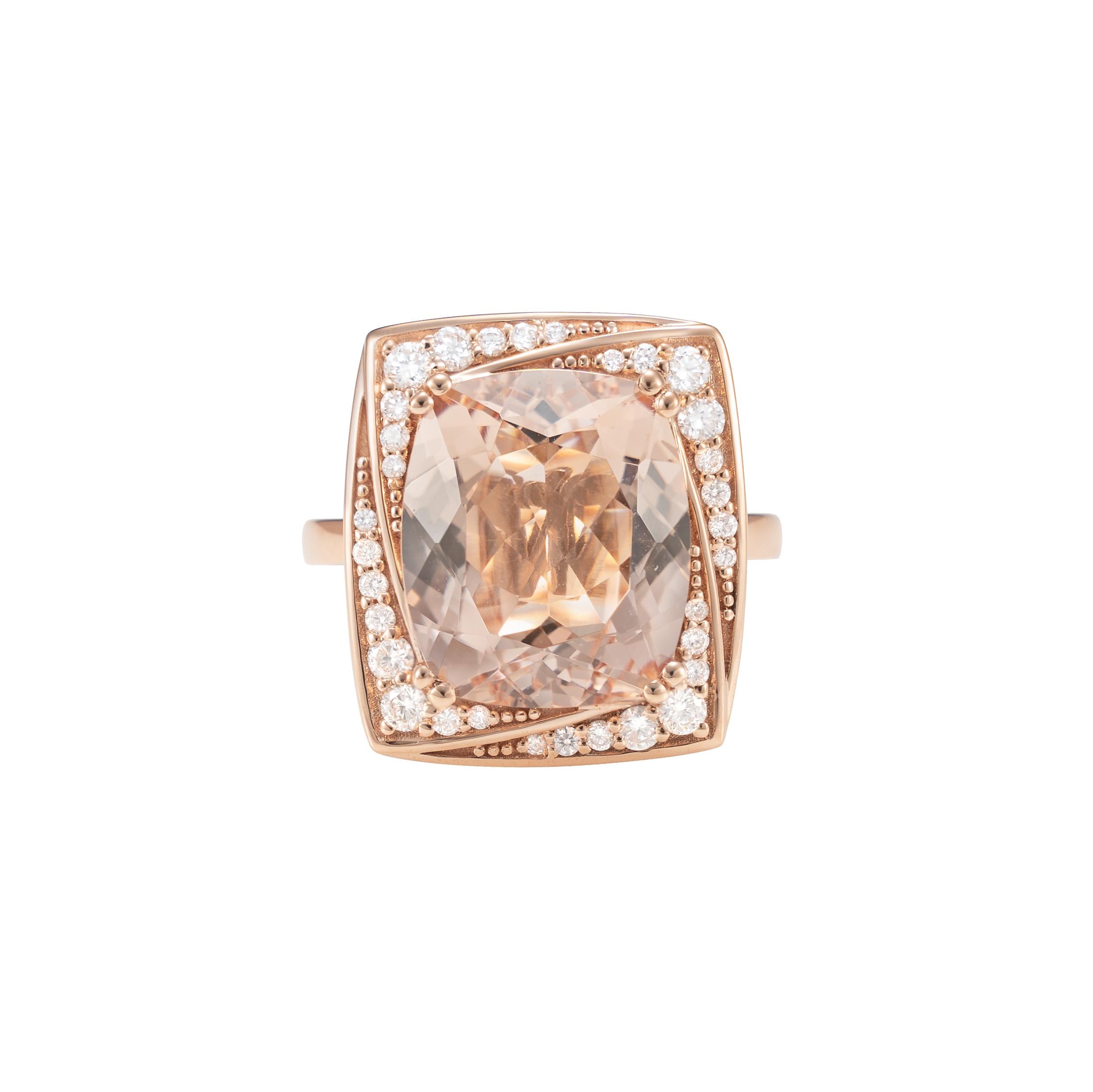 Cushion Cut Sunita Nahata Morganite 7.50ct. Fancy Ring in 18K Rose Gold with Diamond. For Sale