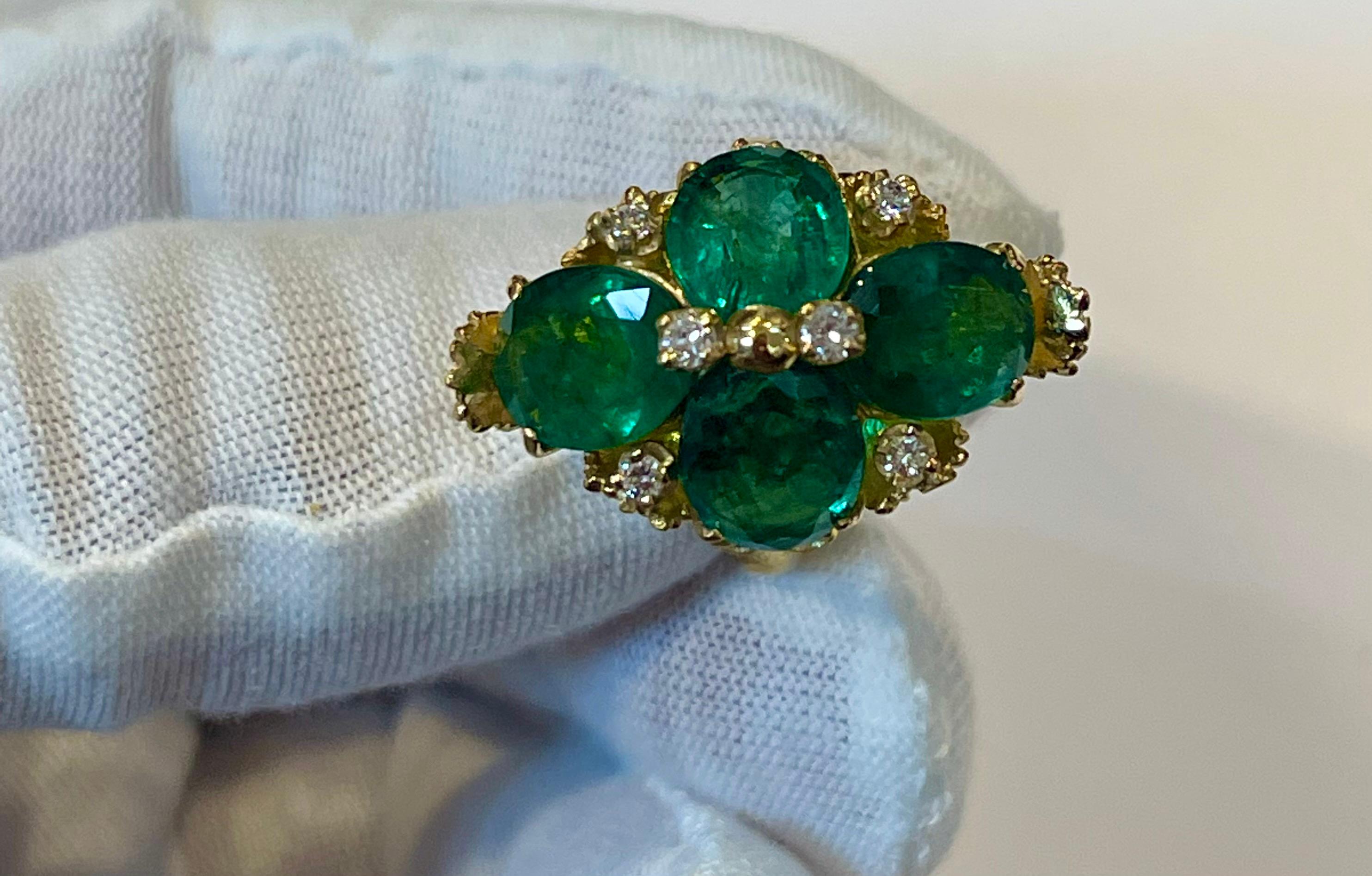 Women's 7.5 Carat Natural 4 Oval Cut Emerald & Diamond Flower Ring 18 Karat Yellow Gold For Sale