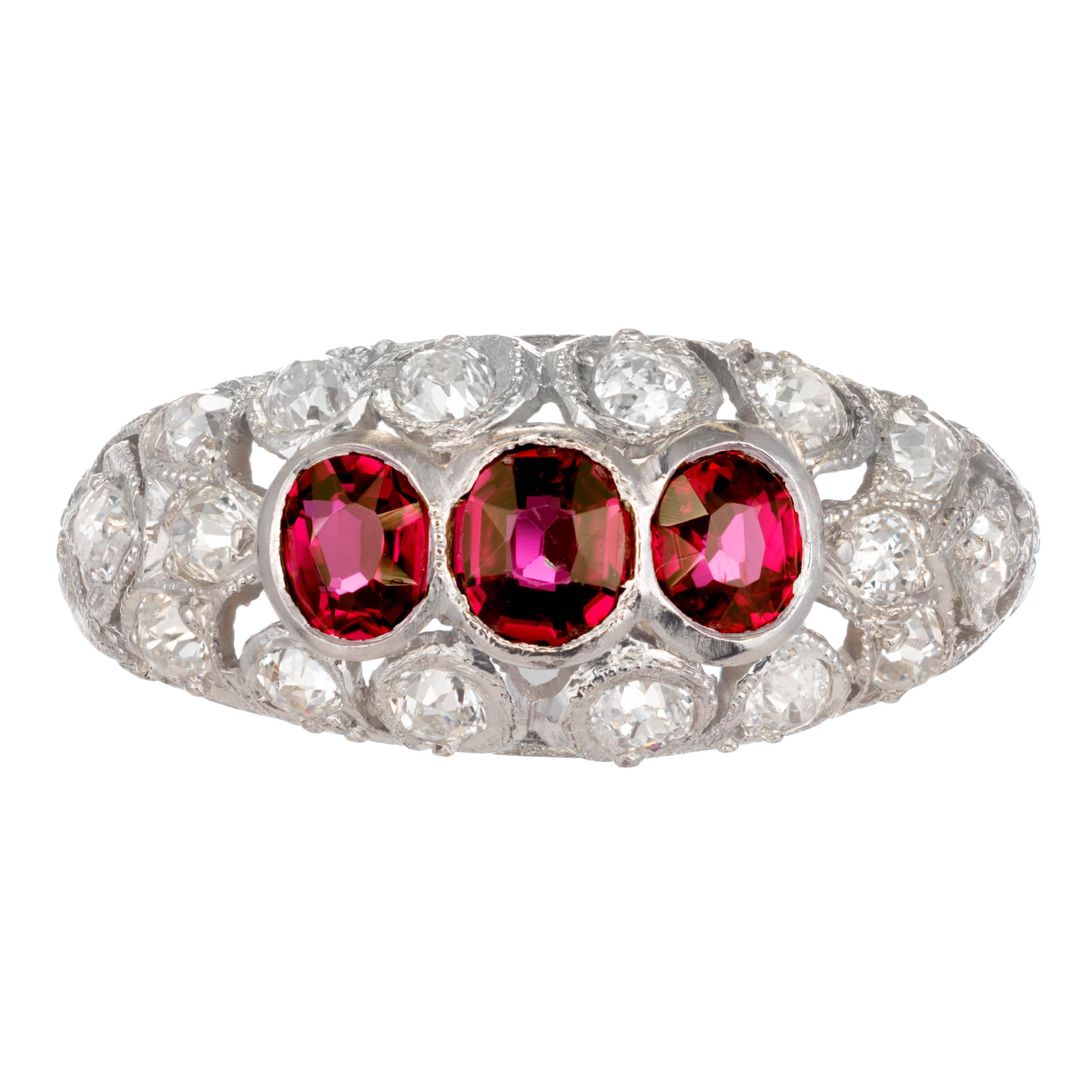 Edwardian .75 Carat Natural Ruby Diamond Platinum Three-Stone Dome Ring