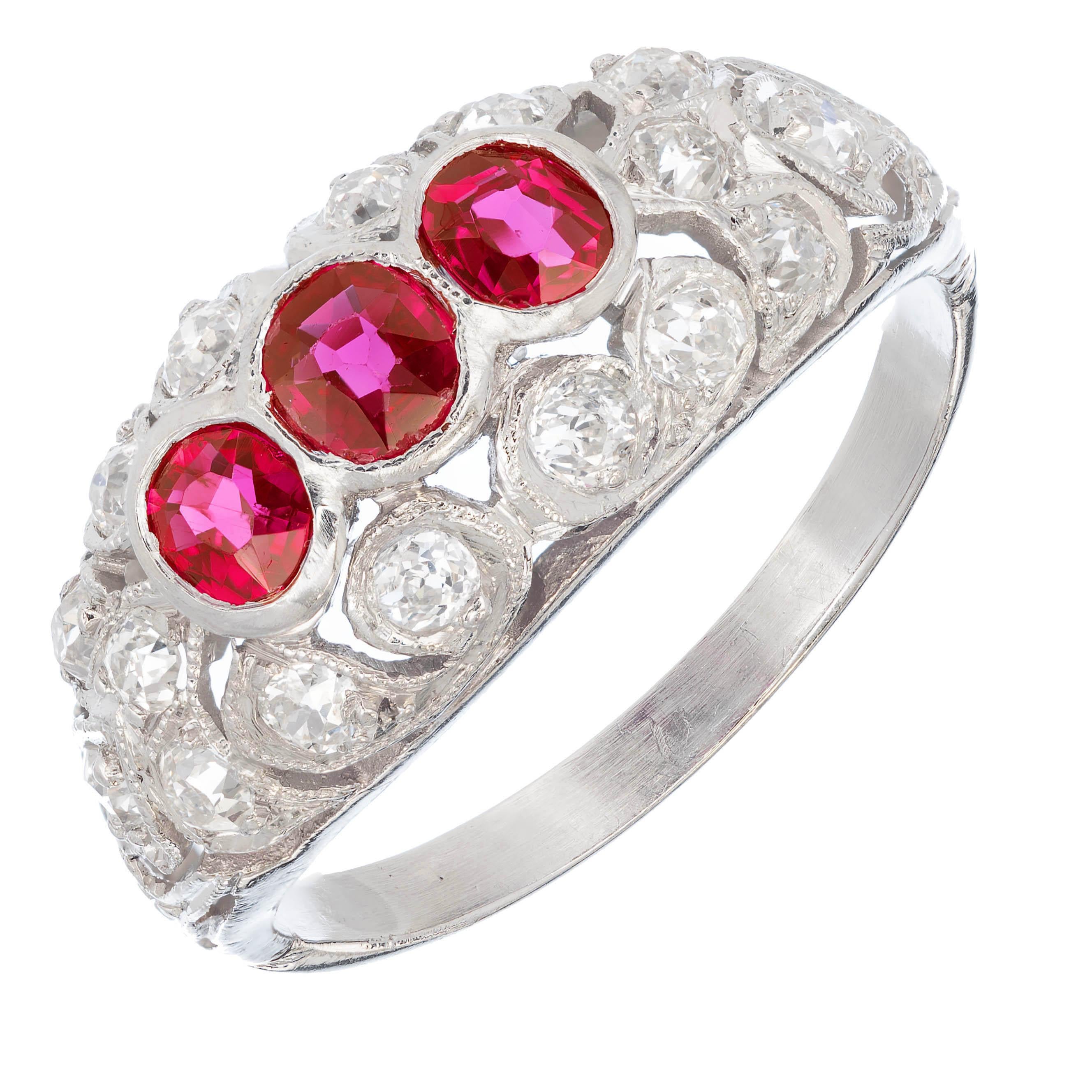 .75 Carat Natural Ruby Diamond Platinum Three-Stone Dome Ring