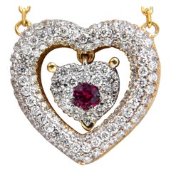 .75 Carat Natural Ruby Diamonds Dangle Heart Necklace 18 Karat*