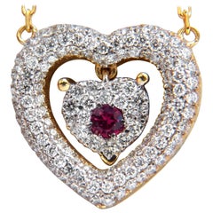 .75 Carat Natural Ruby Diamonds Dangle Heart Necklace 18 Karat
