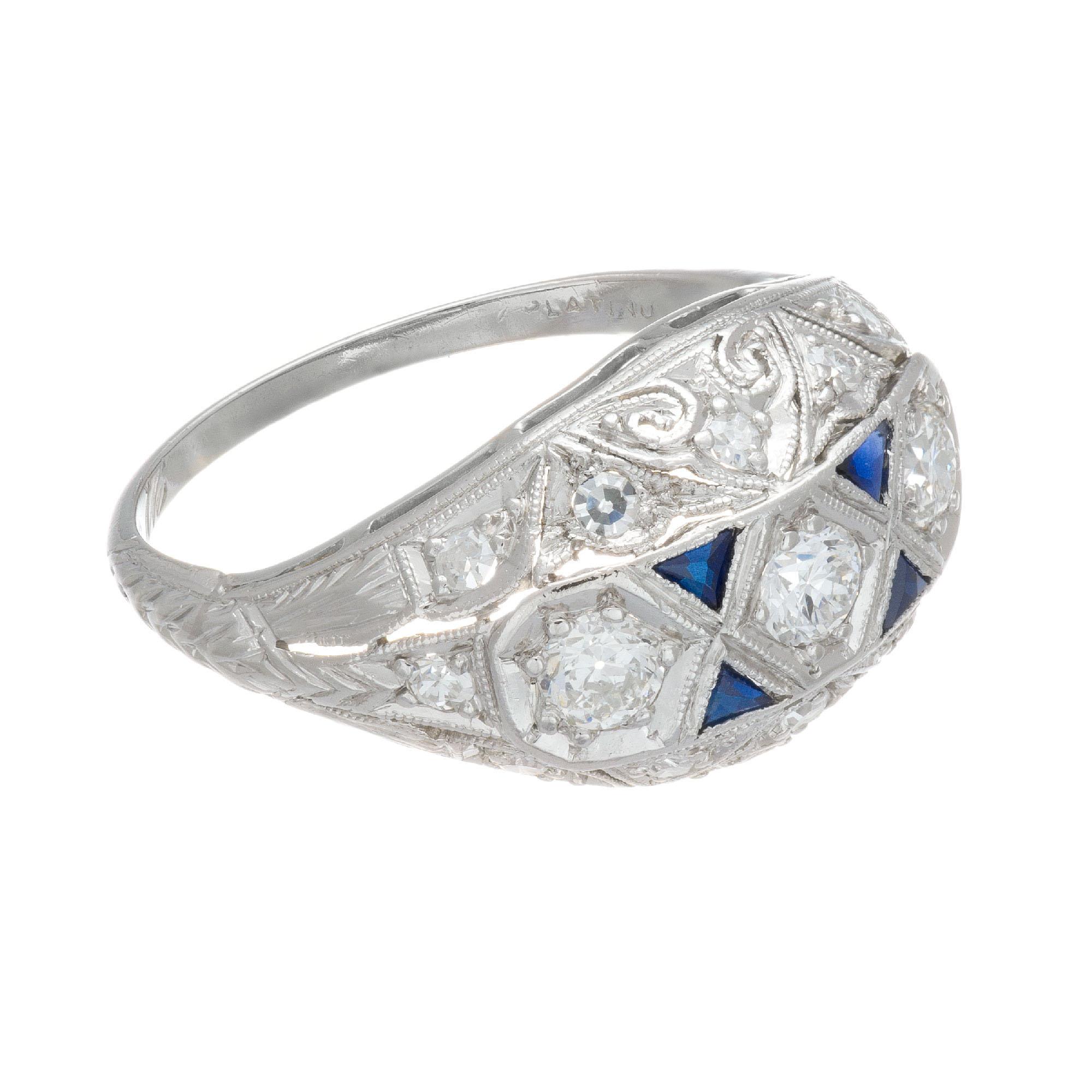 Old European Cut .75 Carat Old European Diamond Sapphire Art Deco Platinum Dome Engagement Ring For Sale