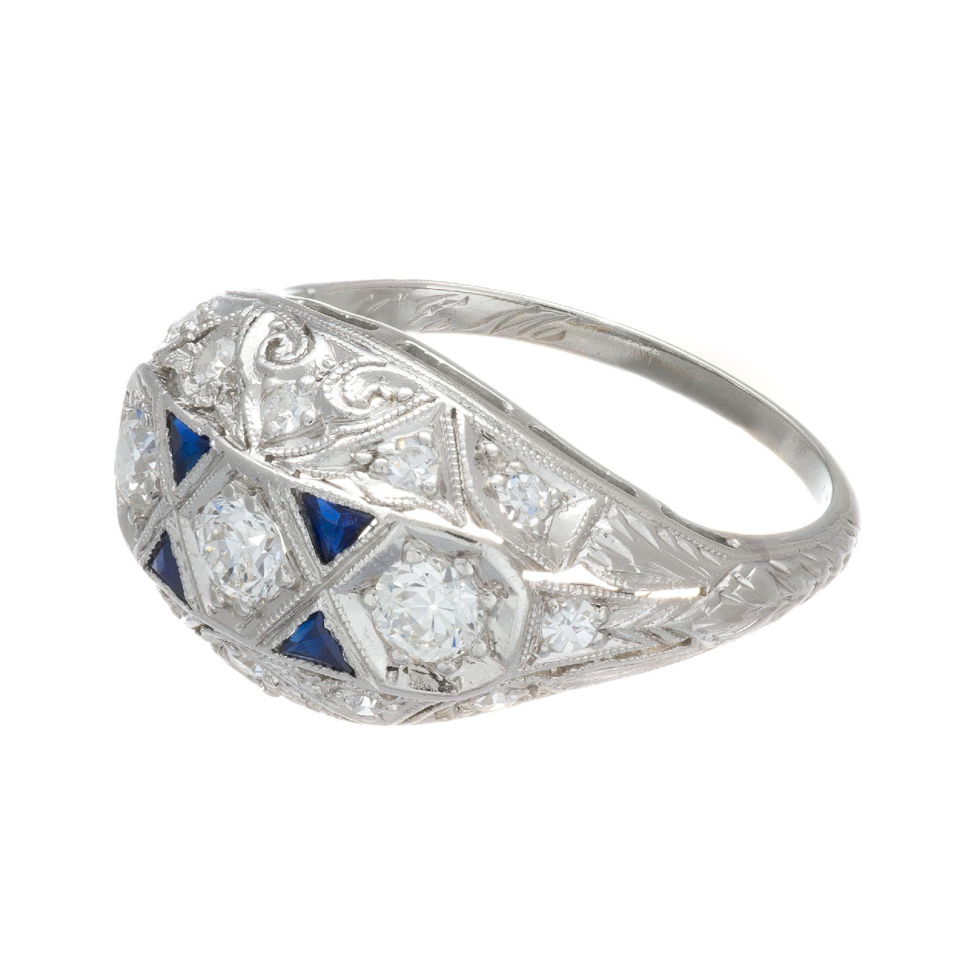 .75 Carat Old European Diamond Sapphire Art Deco Platinum Dome Engagement Ring In Good Condition For Sale In Stamford, CT