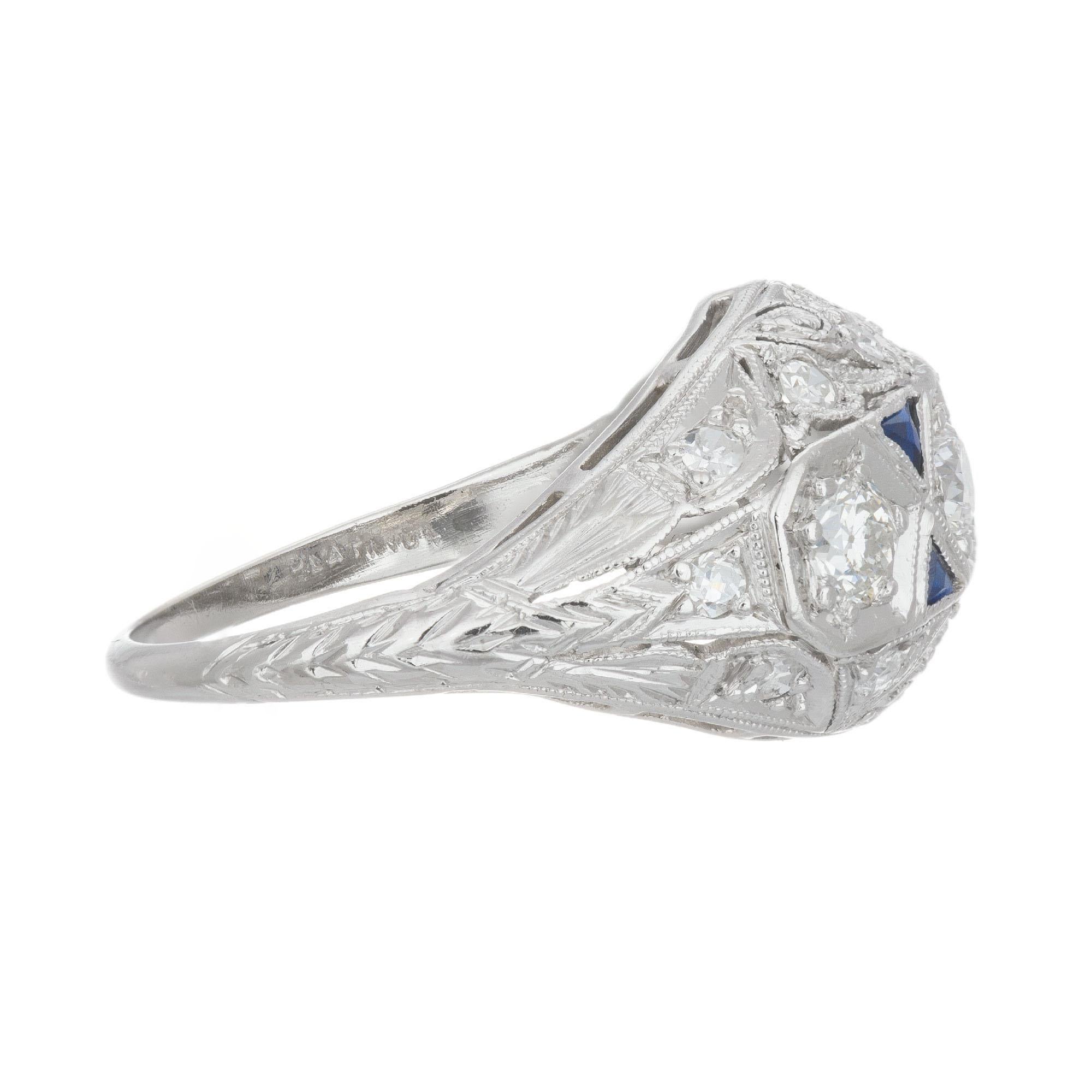 Women's .75 Carat Old European Diamond Sapphire Art Deco Platinum Dome Engagement Ring For Sale