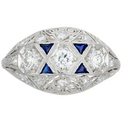 Antique .75 Carat Old European Diamond Sapphire Art Deco Platinum Dome Engagement Ring