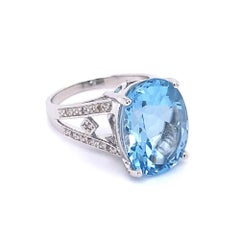 7.5 Carat Oval Blue Topaz and Diamond Gold Solitaire Statement Cocktail Ring