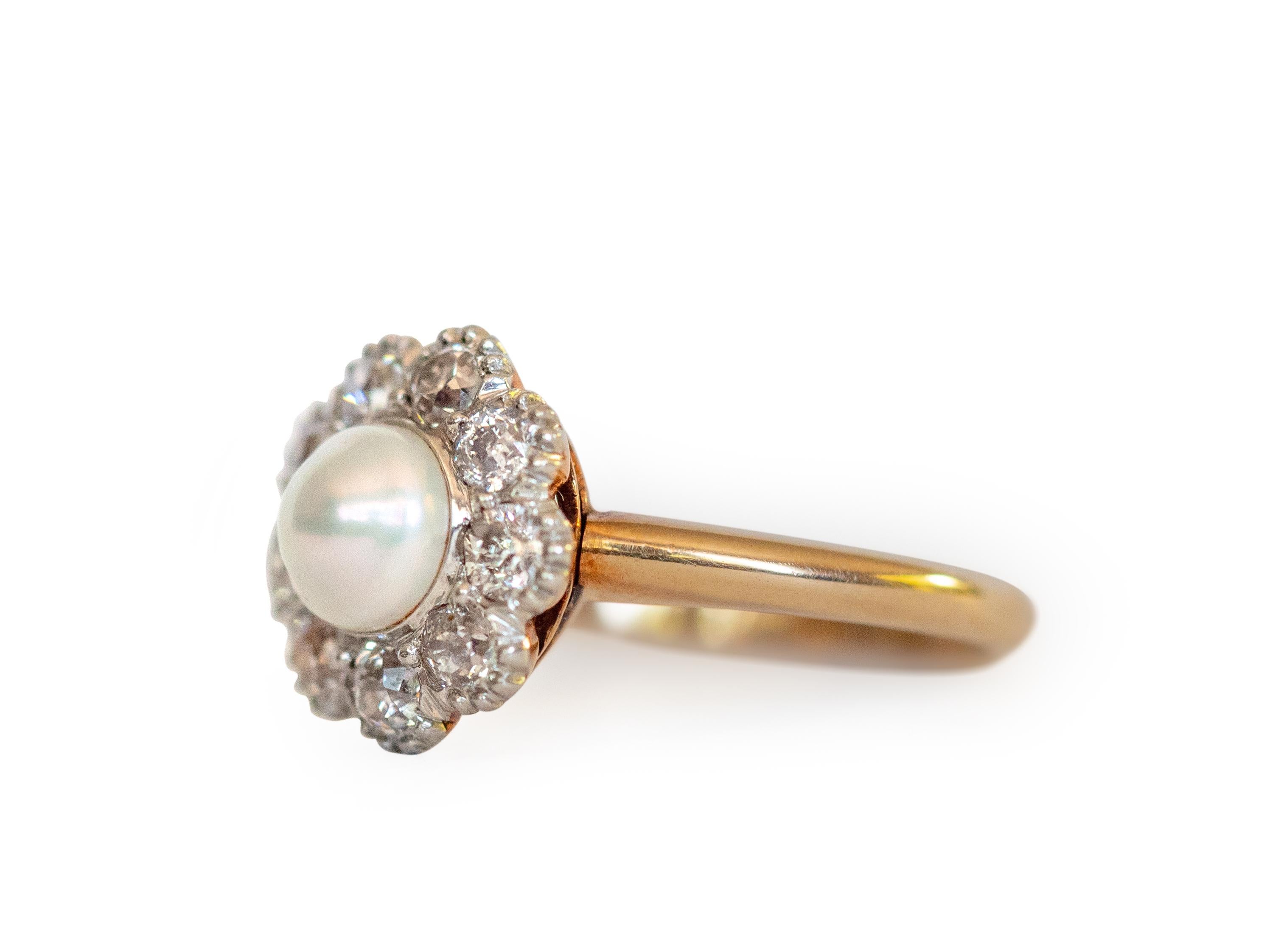 Ring Size: 4.75
Metal Type: 14K Yellow Gold and Plat  [Hallmarked, and Tested]
Weight:  2.4 grams

Center Stone Details:
Type: Pearl
Weight: .75 carat approximative 

Side Diamond Details:
Weight: .25 carat, total weight
Cut: Old European 
Color: