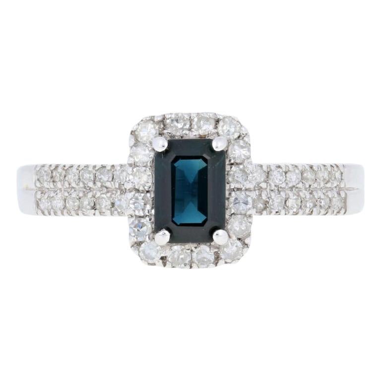 .75 Carat Rectangle Cut Sapphire and Diamond Ring, 18 Karat White Gold Halo
