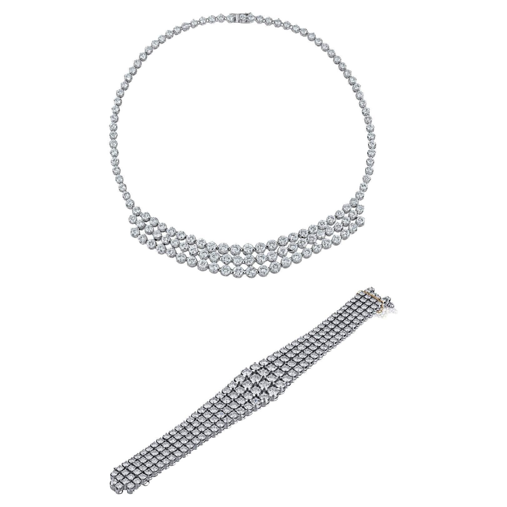 75 Carat Round Cut Diamond Platinum Chandelier Necklace and Bracelet Set