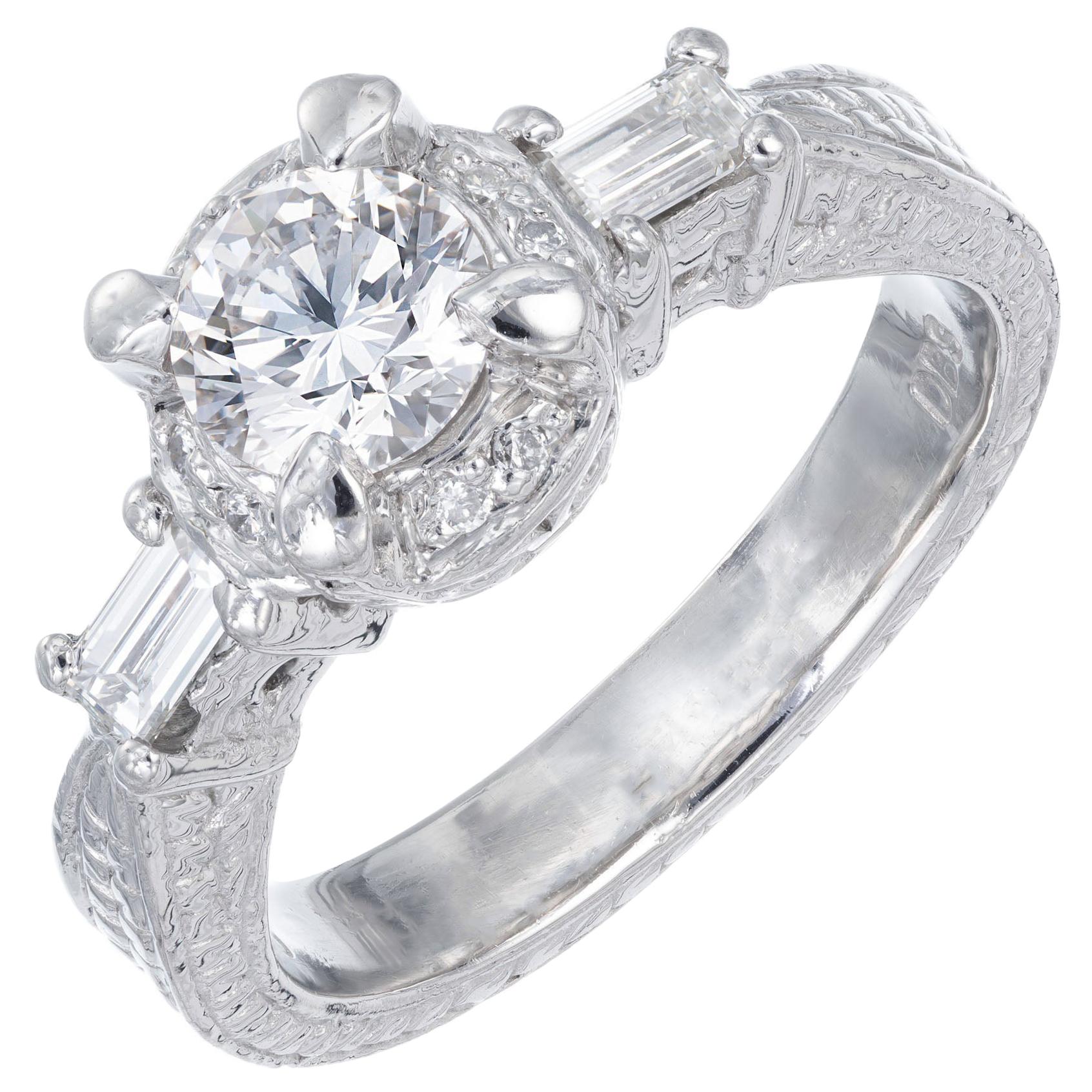 .75 Carat Round Diamond Baguette Halo Platinum Engagement Ring For Sale