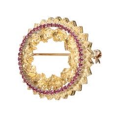 .75 Carat Round Ruby Two Tone Gold Textured Brooch