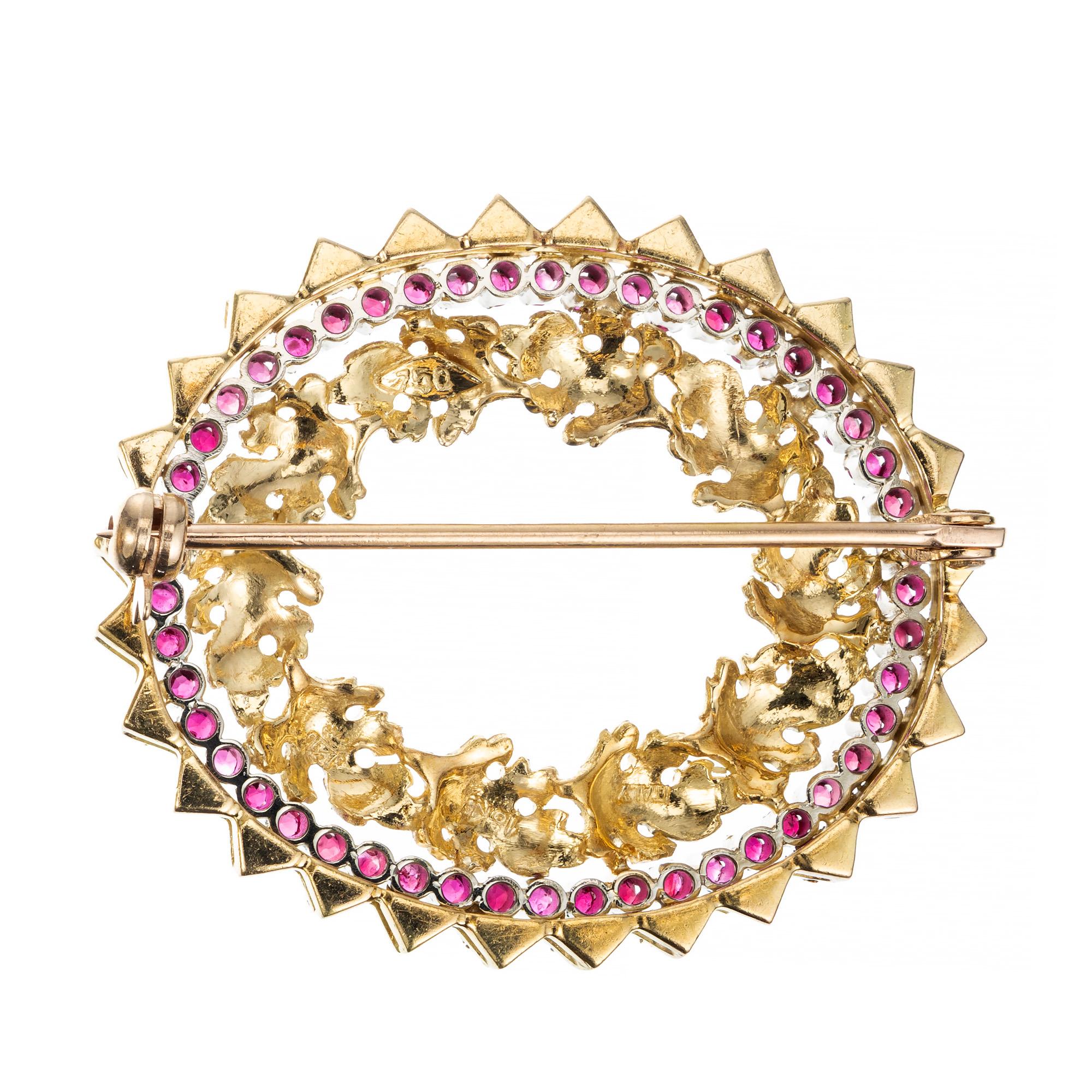 Round Cut .75 Carat Round Ruby Two Tone Gold Textured Brooch For Sale
