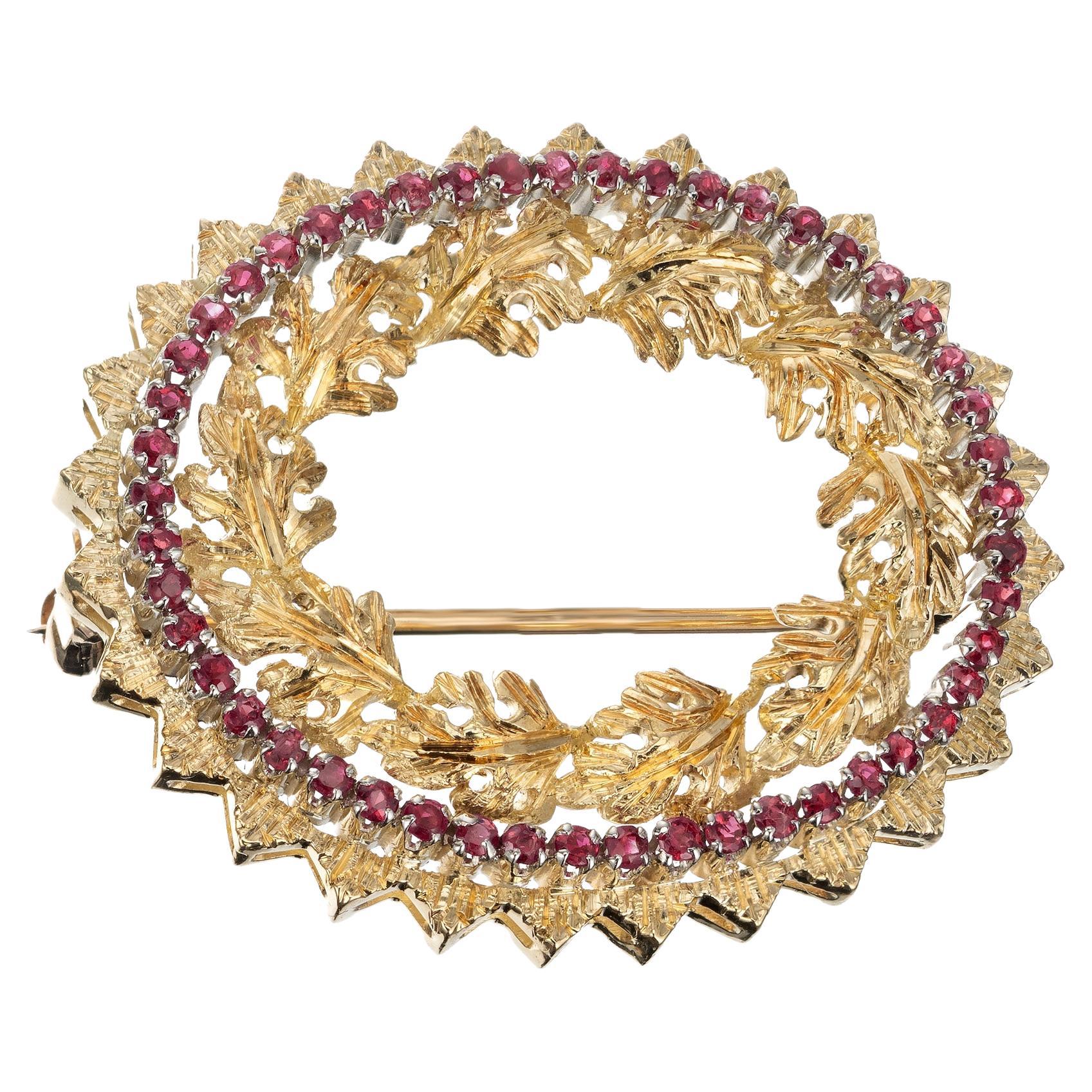 .75 Carat Round Ruby Two Tone Gold Textured Brooch For Sale