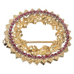 .75 Carat Round Ruby Two Tone Gold Textured Brooch