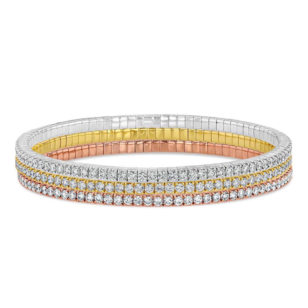 Wear one or all three together. These flexible diamond tennis bracelets are elegant but incredibly easy to put on. The connections between each diamond allow the bracelet to slide easily onto the wrist. Available in white gold, yellow gold, or rose