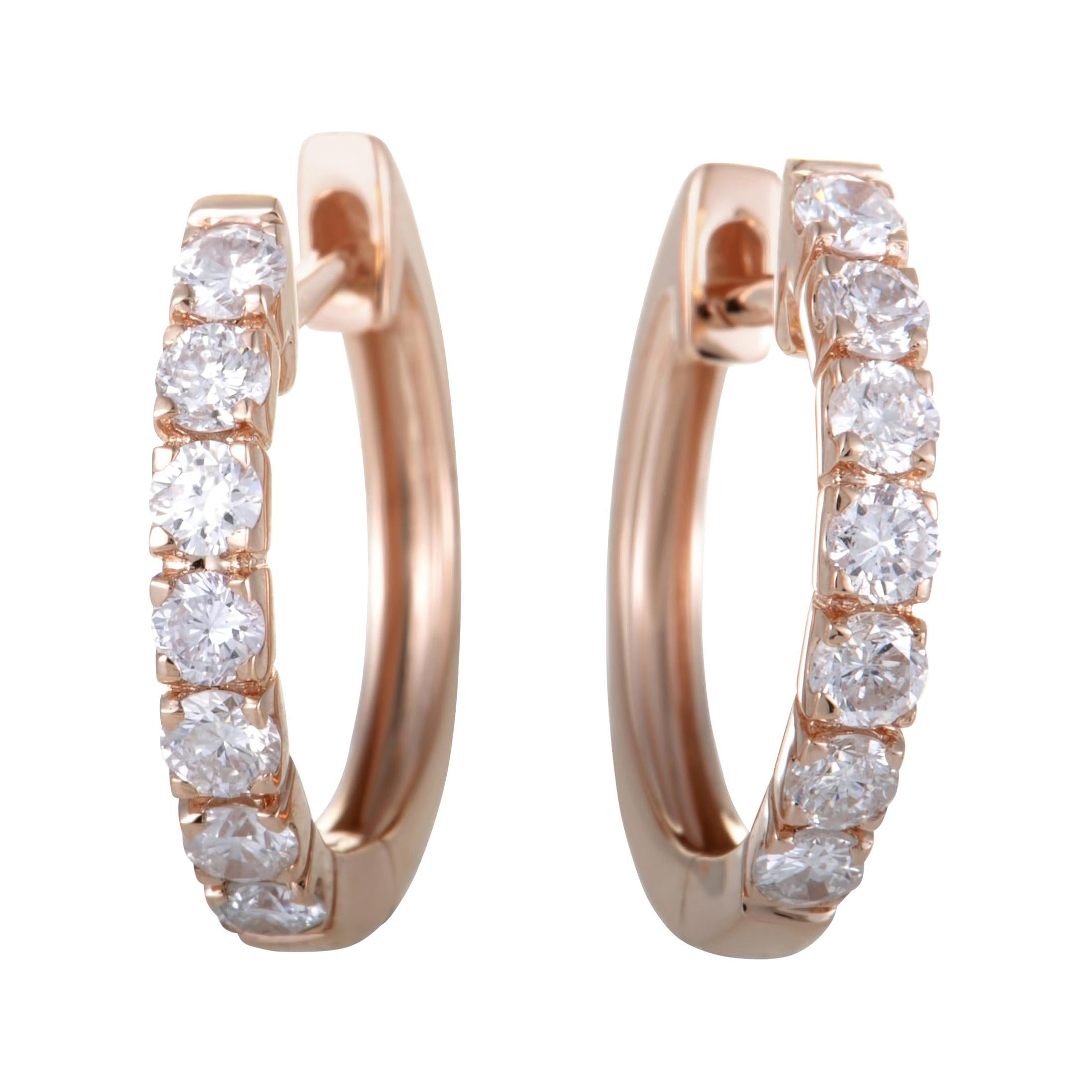 .75 Carat Small 14 Karat Rose Gold Diamond Hoop Earrings For Sale