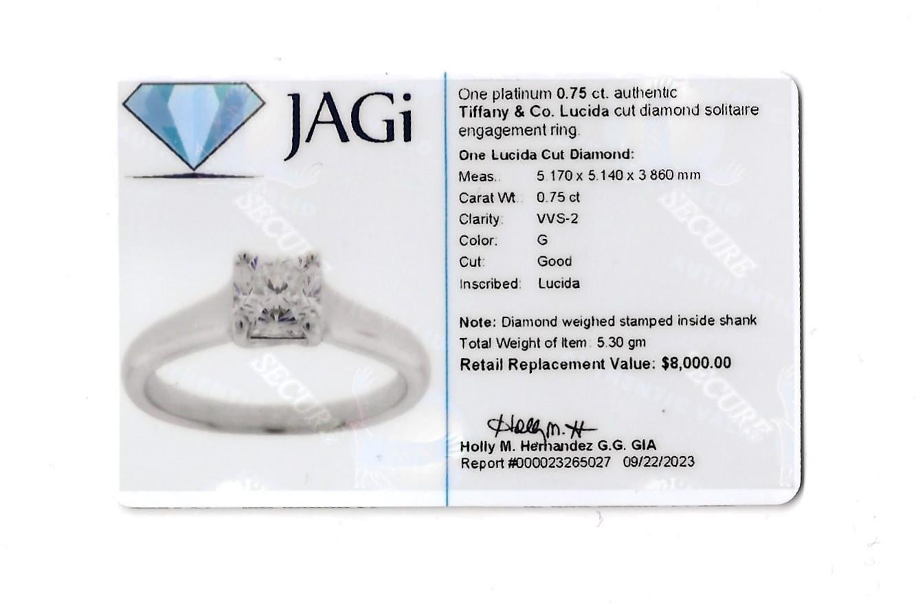 .75 Carat Tiffany & Co. Lucida Cut Solitaire Diamond Platinum Engagement Ring For Sale 4