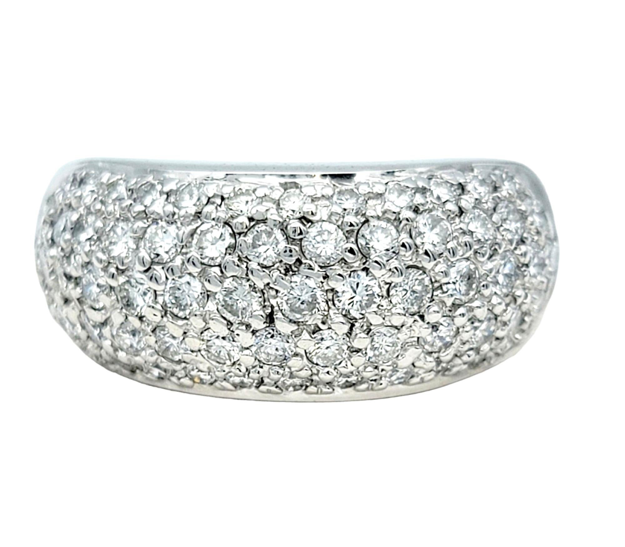 Round Cut .75 Carat Total Multi Row Pavé Diamond Domed Band Ring in 14 Karat White Gold For Sale