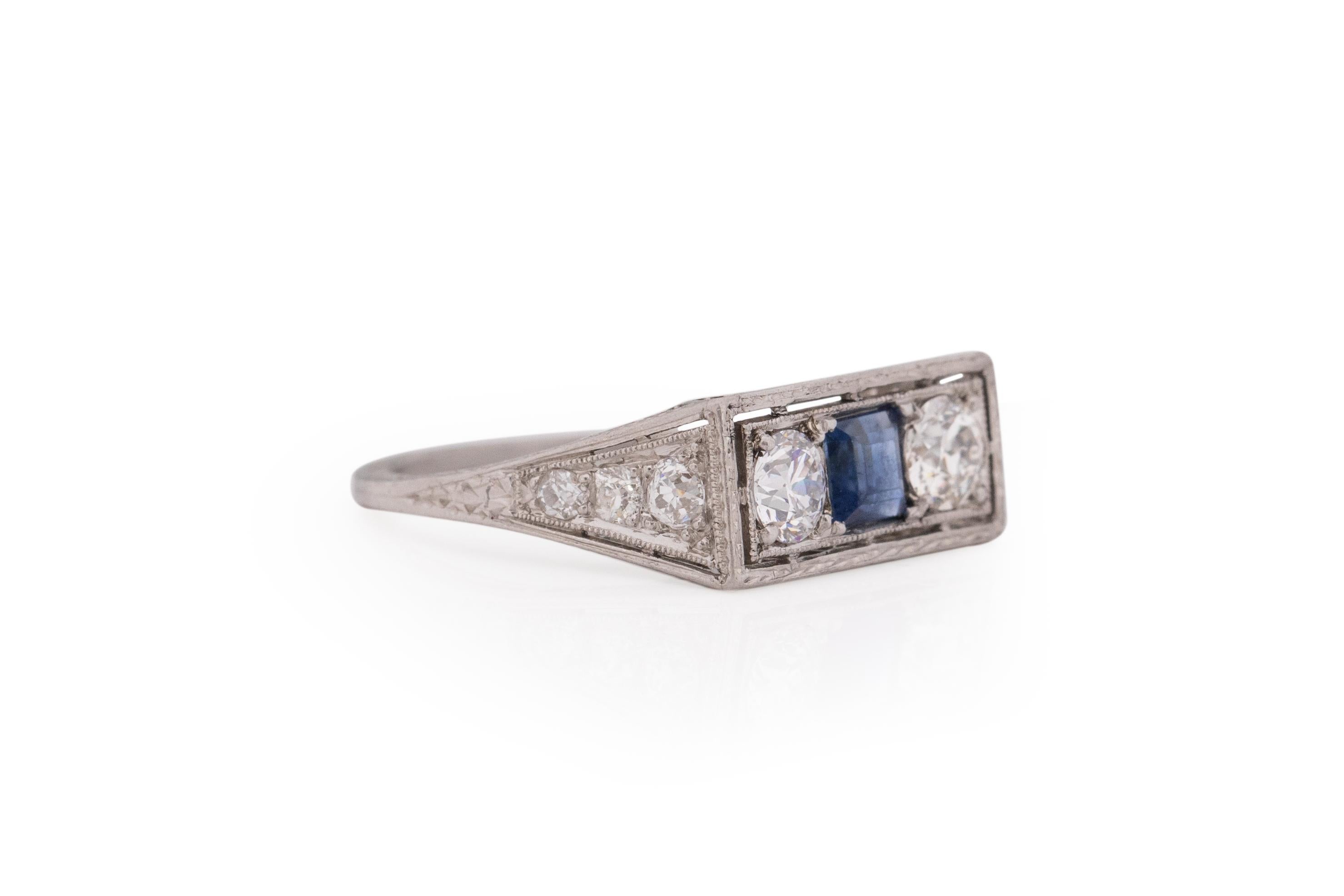 Ring Size: 6.25
Metal Type: Platinum [Hallmarked, and Tested]
Weight: 4.0 grams

Diamond Details:
Weight: .75 carat, total
Cut: Old European brilliant
Color: H
Clarity: VS

Sapphire Details:
Weight: .75 carat
Cut: Square Step Cut
Color: Blue
Type: