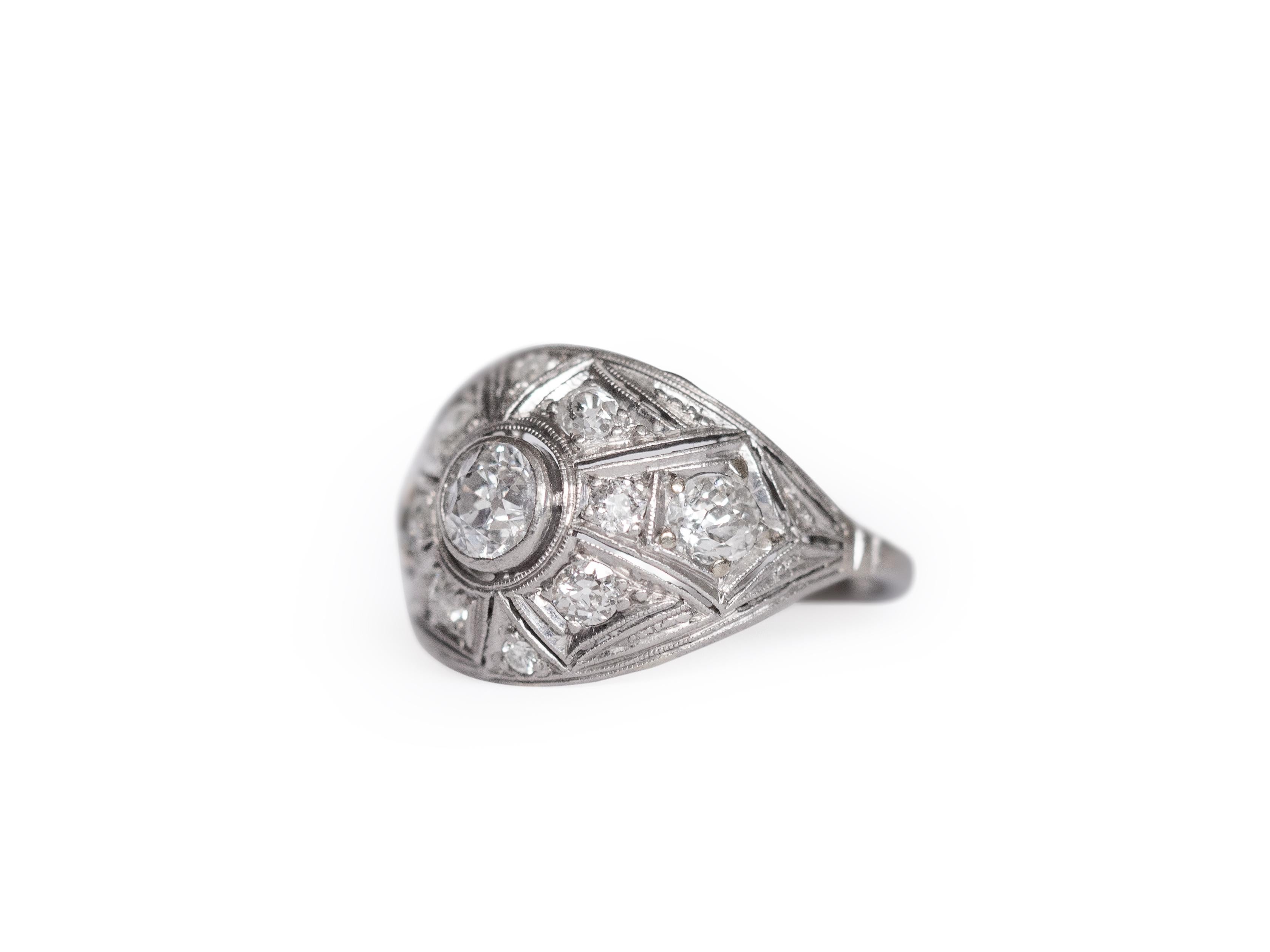 Ring Size: 6.5
Metal Type: Platinum [Hallmarked, and Tested]
Weight: 4.5 grams

Diamond Details:
Weight: .75 carat, total weight
Cut: Old European and Old Mine Brilliant
Color: I-J
Clarity: SI2/I1


Finger to Top of Stone Measurement: