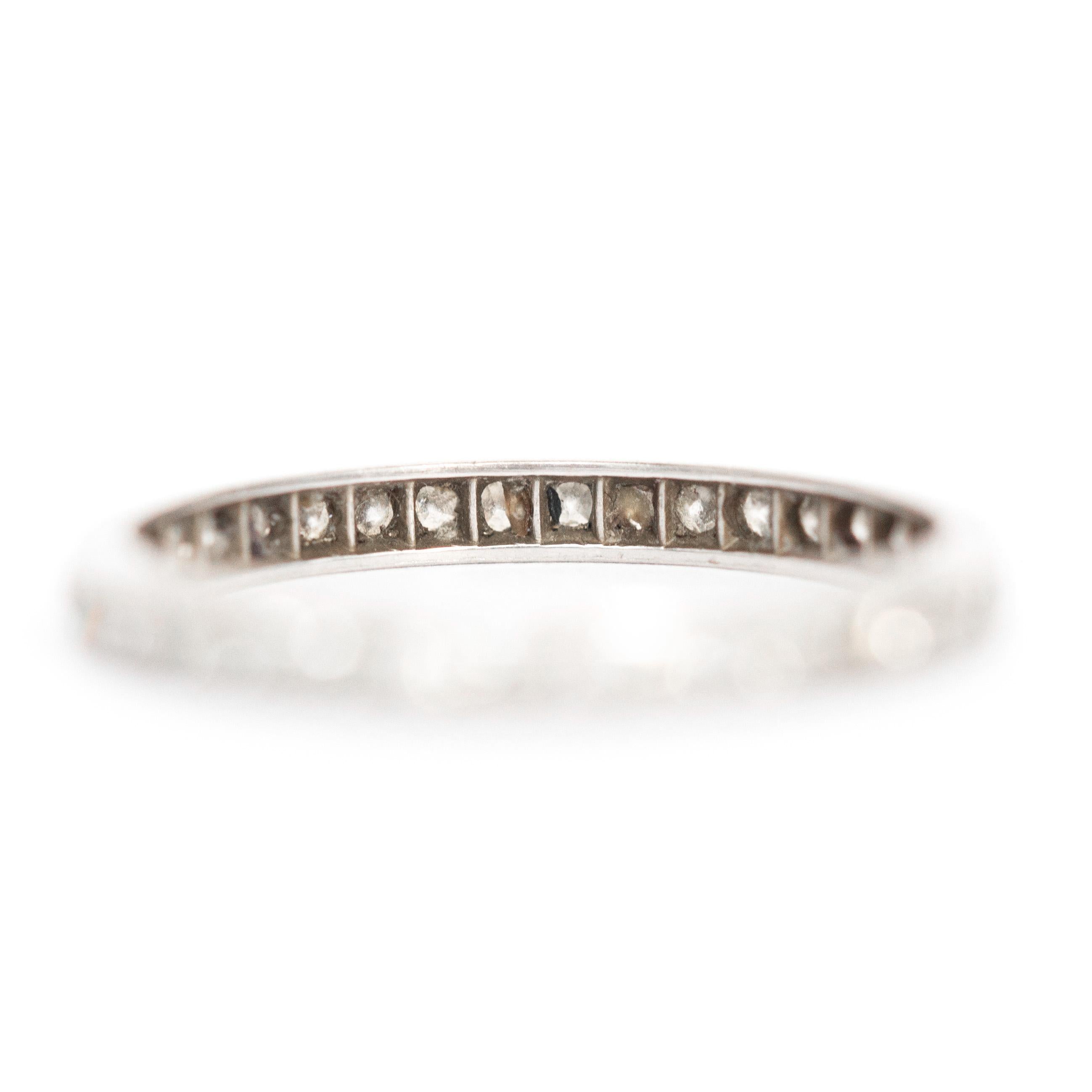 Ring Size: 7.5
Metal Type: Platinum
Weight: 2.1 grams

Stone Details: 
Shape: Antique Single Cut 
Total Carat Weight: .75 carat, total weight
Color: F
Clarity: VS


Finger to Top of Stone Measurement: 1.55mm
Width: 2.51mm