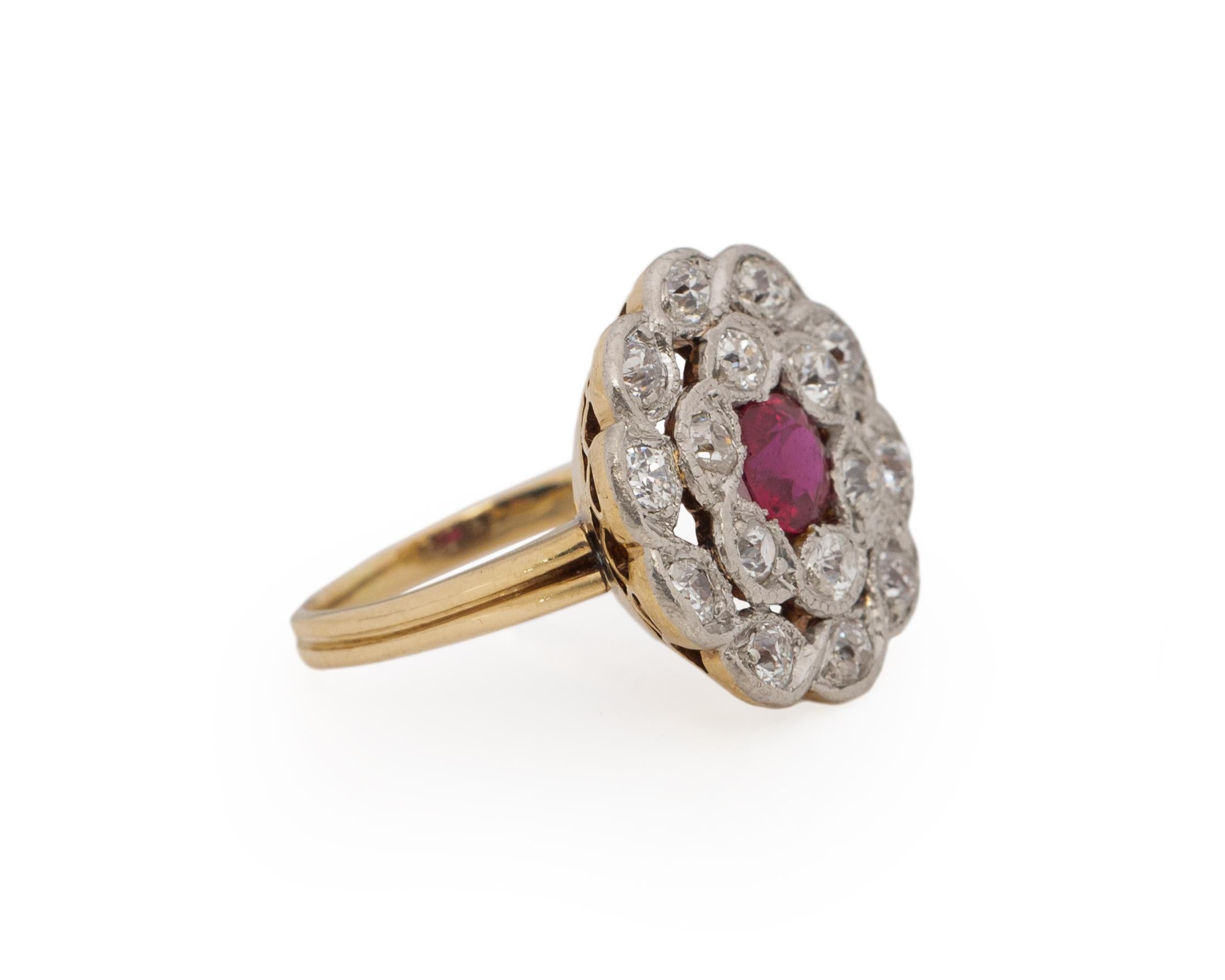 Ring Size: 5.5
Metal Type: 14k Yellow Gold & Platinum [Hallmarked, and Tested]
Weight: 5.6 grams

Diamond Details:
Weight: .75ct, total weight
Cut: Antique European Cut
Color: G-H
Clarity: VS

Ruby Details: .50ct, Synthetic, Old European Brilliant