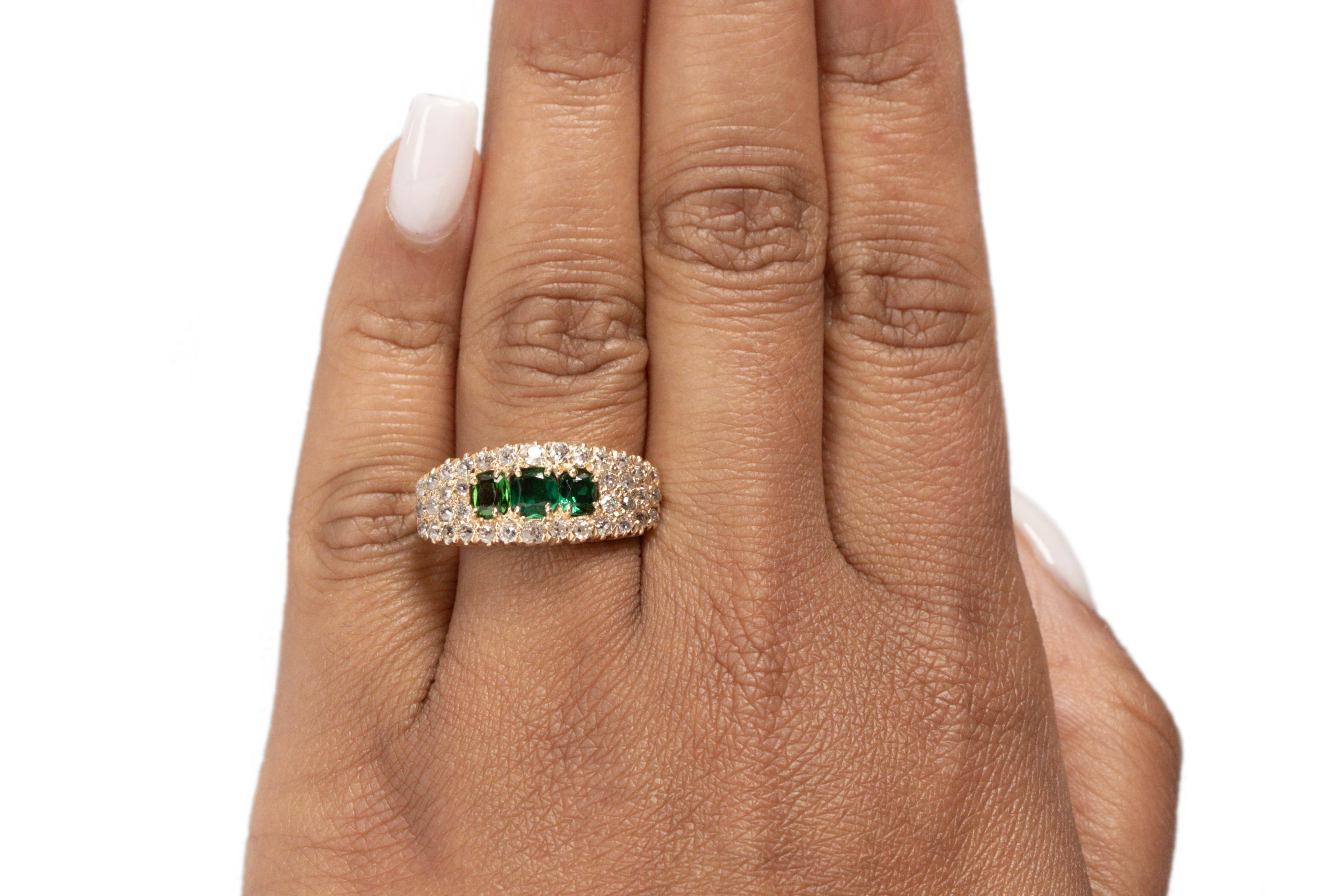 Women's .75 Carat Total Weight Emerald Edwardian Diamond 14 Karat Yellow Engagement Ring For Sale