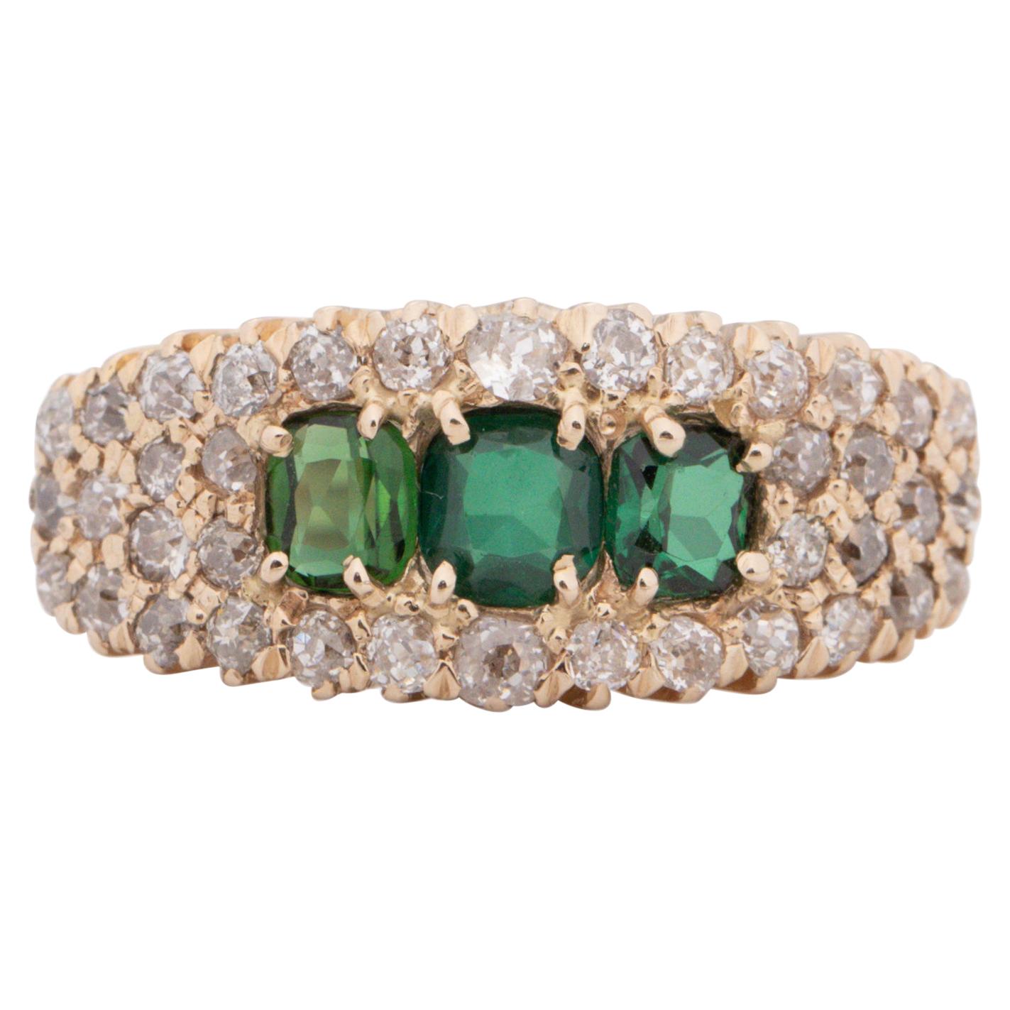 .75 Carat Total Weight Emerald Edwardian Diamond 14 Karat Yellow Engagement Ring For Sale