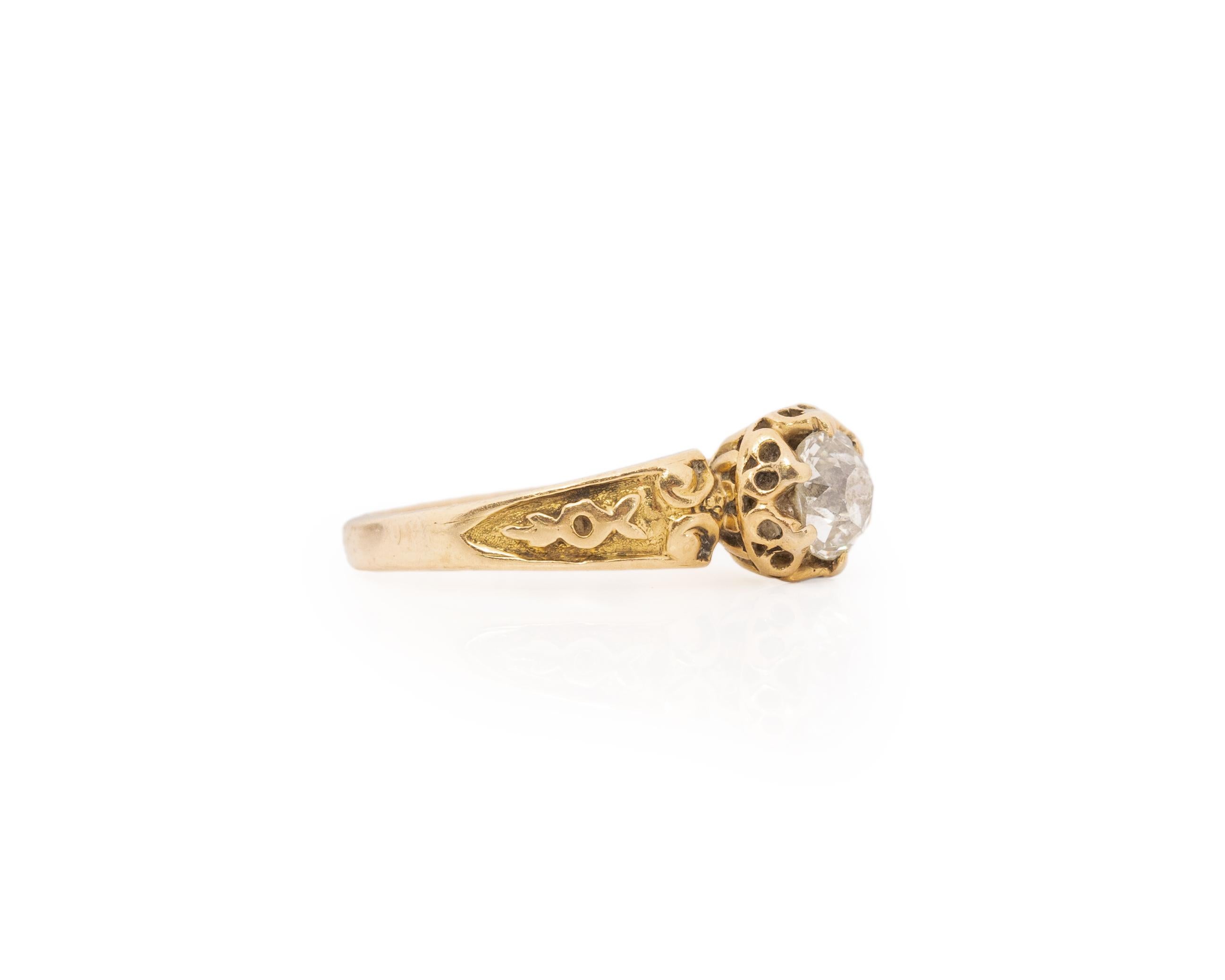 Ring Size: 6
Metal Type: 14K Yellow Gold [Hallmarked, and Tested]
Weight: 3.0 grams

Center Diamond Details:

Natural Diamond
Weight: .75ct
Cut: Old Mine Brilliant
Color: I
Clarity: VS1

Finger to Top of Stone Measurement: 4.5mm
Shank/Band Width: