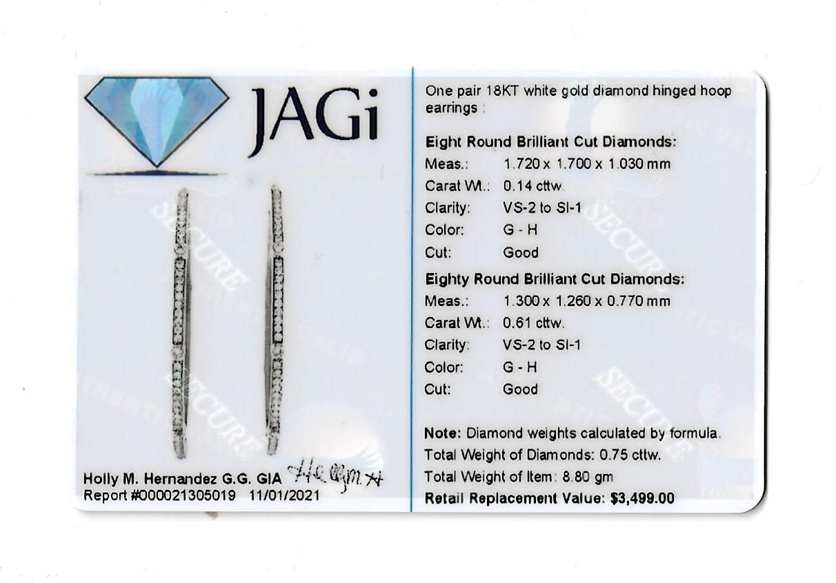 .75 Carats Total Round Diamond Station Hoop Earrings 18 Karat White Gold For Sale 12
