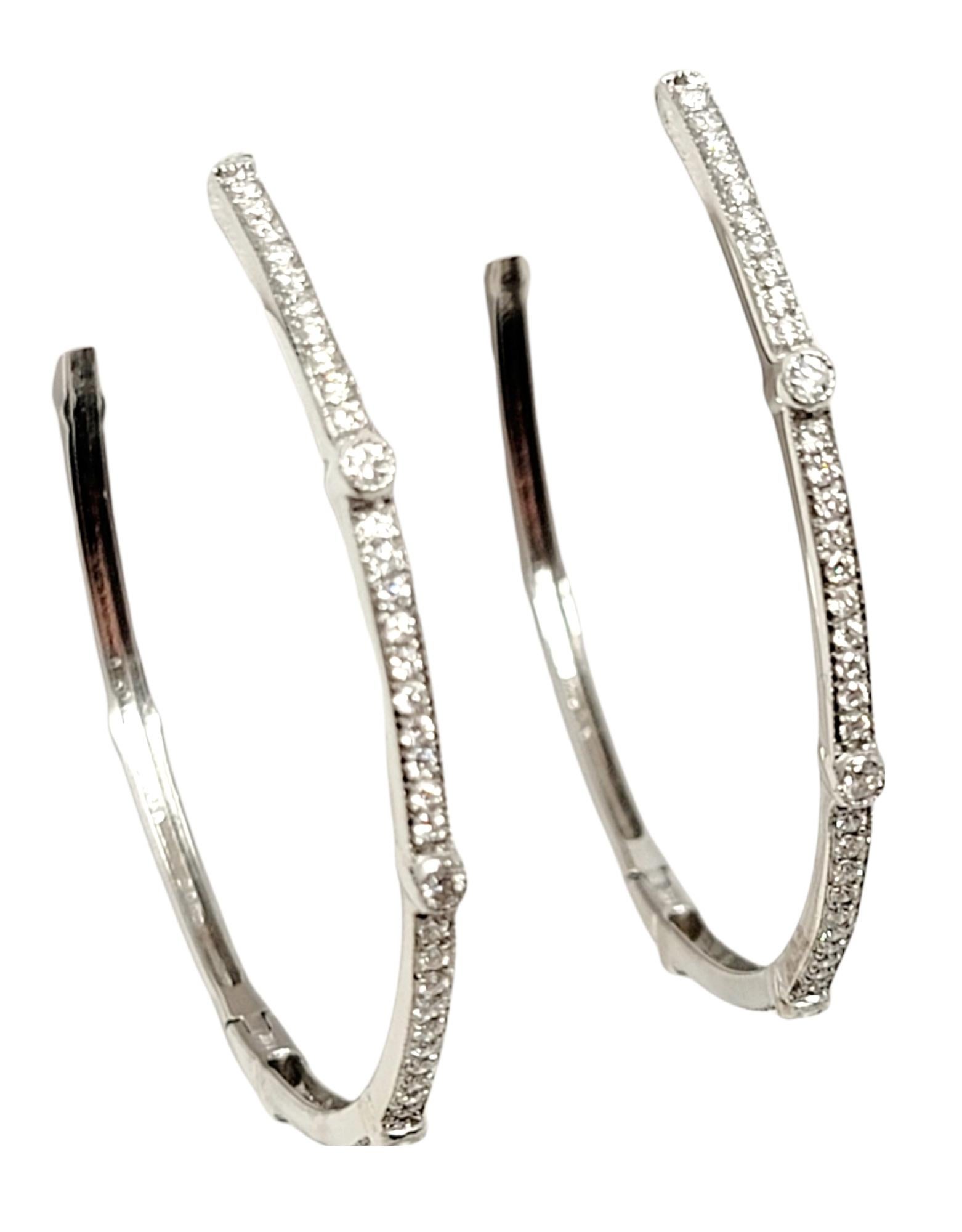 Round Cut .75 Carats Total Round Diamond Station Hoop Earrings 18 Karat White Gold For Sale