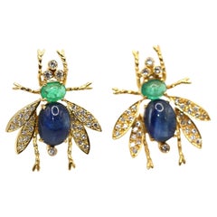 7.5 Ct Sapphires Emeralds Diamonds Fly Earring, 1970