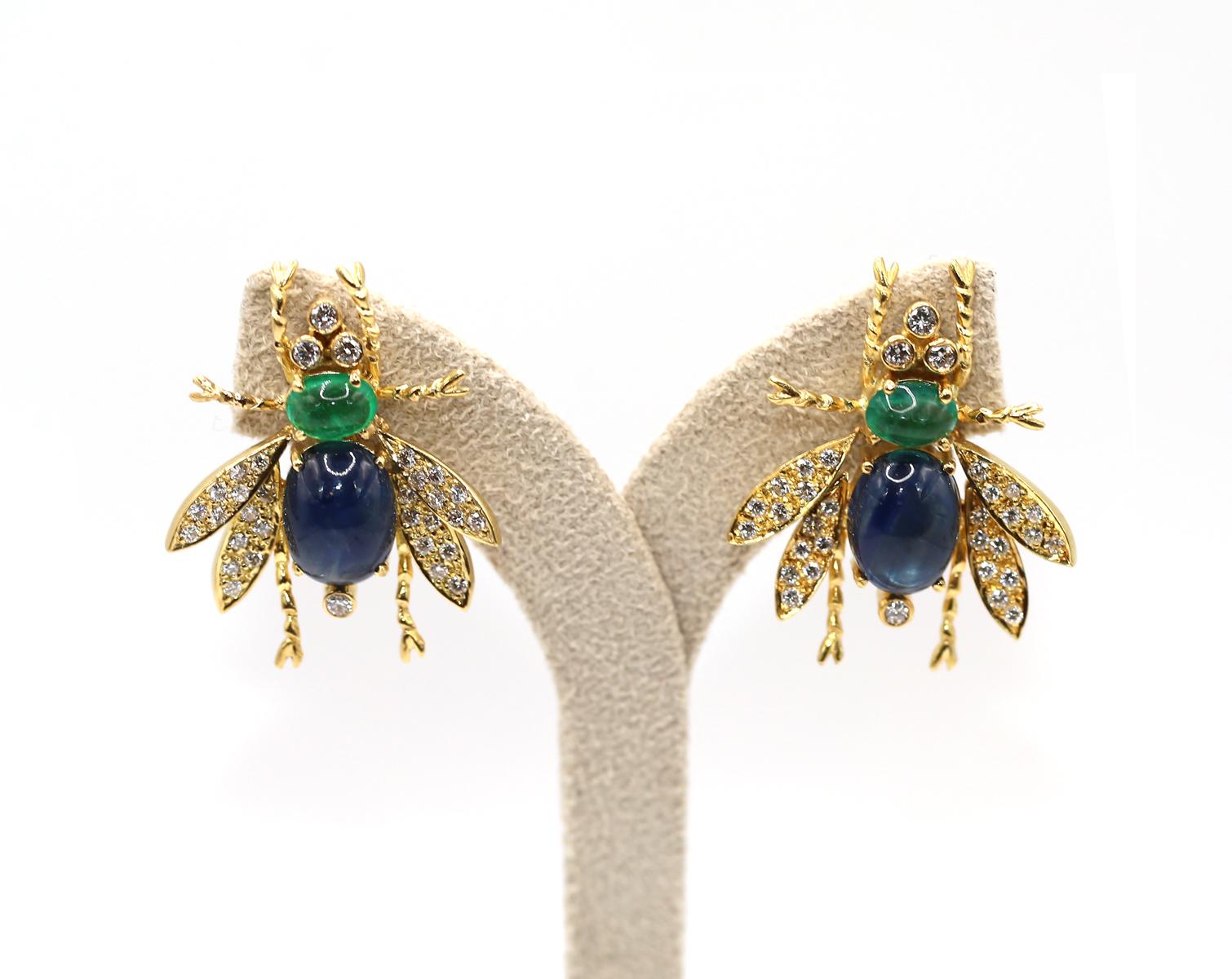 7.5 Ct Saphires Emeraudes Diamants Boucle d'oreille mouche, 1970 en vente 4