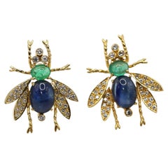 7.5 Ct Sapphires Emeralds Diamonds Fly Earring, 1970