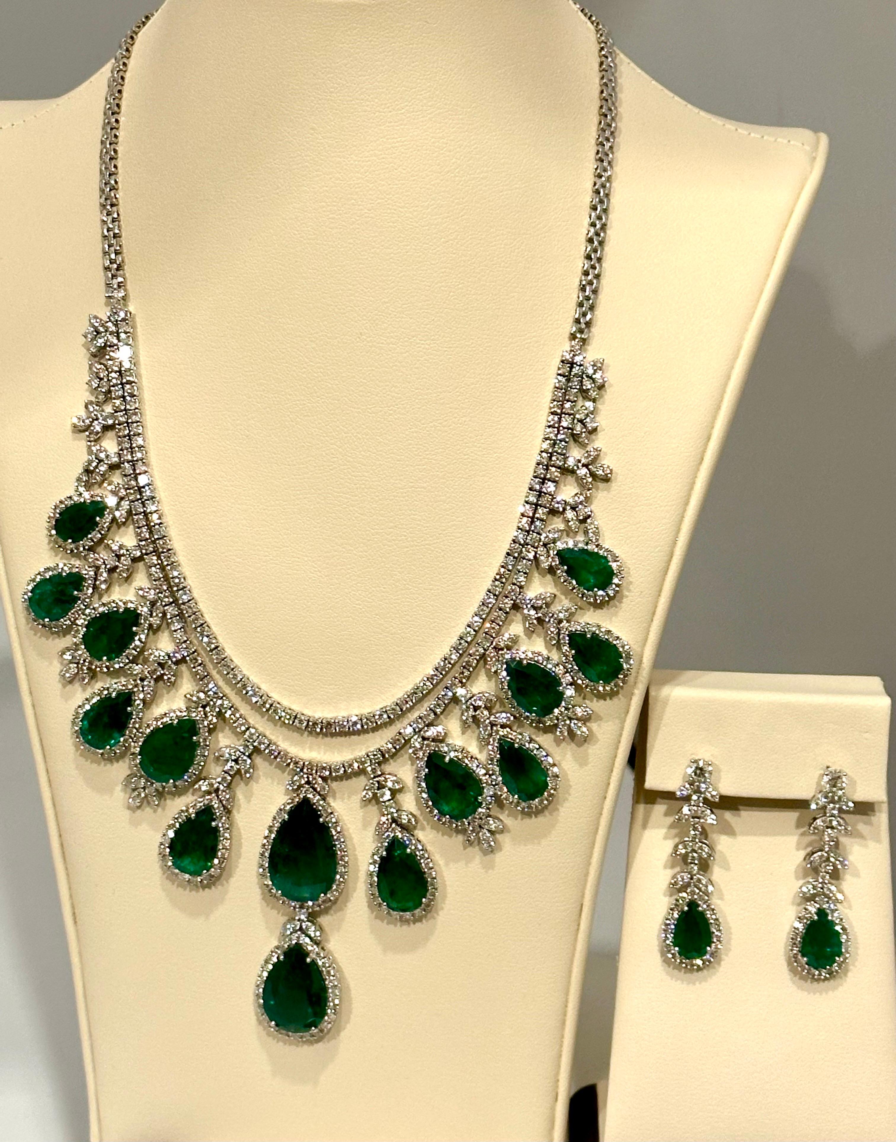 GIA Certified 75 Ct Zambian Emerald & 30Ct Diamond Necklace Earring Bridal Suite en vente 3
