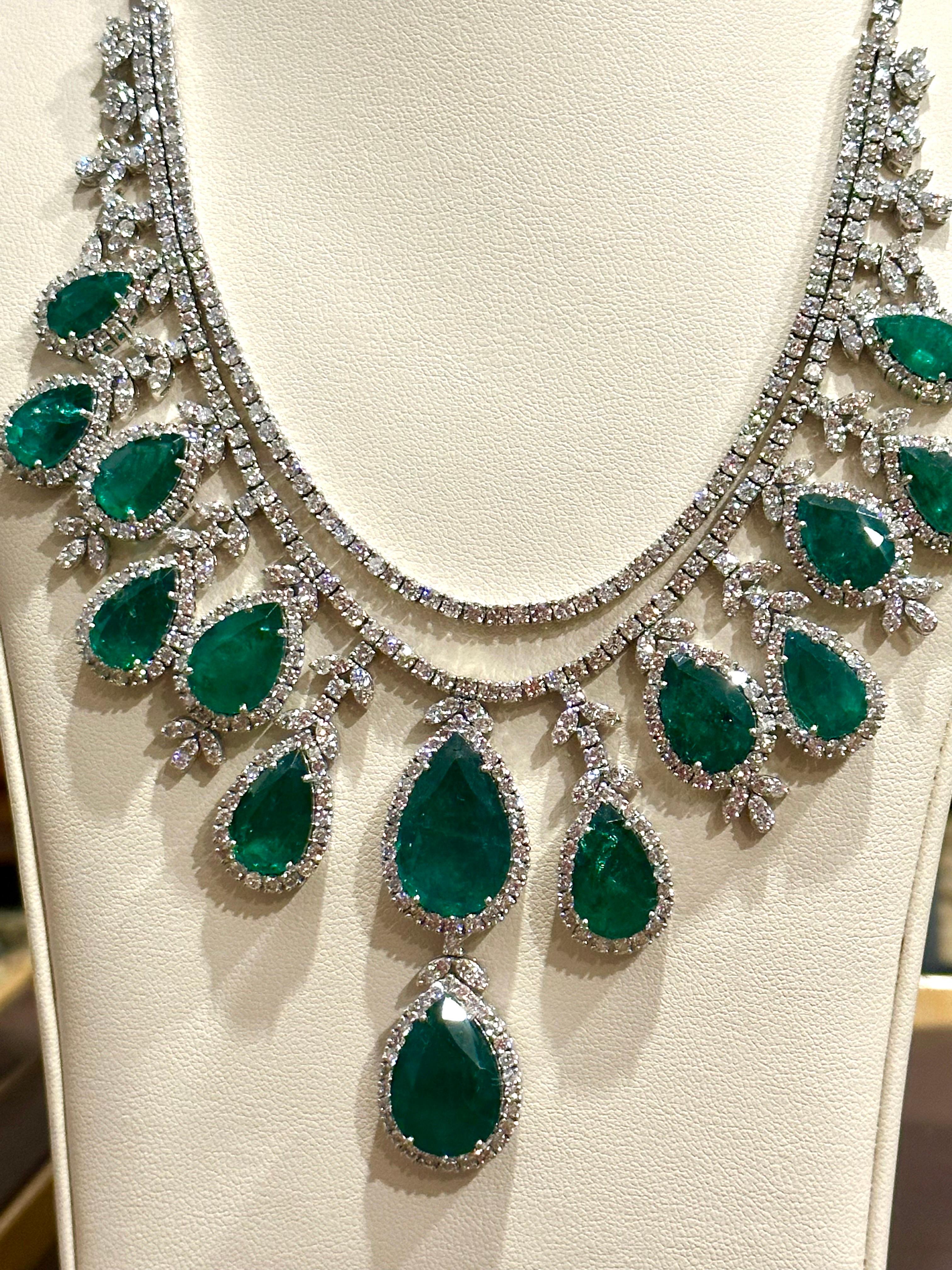 Pear Cut 75 Ct Zambian Emerald and 30 Ct Diamond Necklace and Earring Bridal Suite For Sale