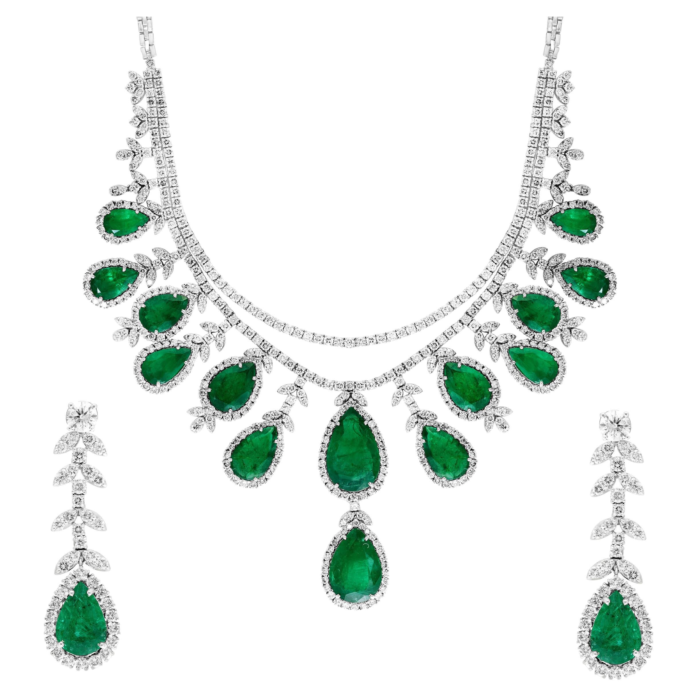 75 Ct Zambian Emerald and 30 Ct Diamond Necklace and Earring Bridal Suite