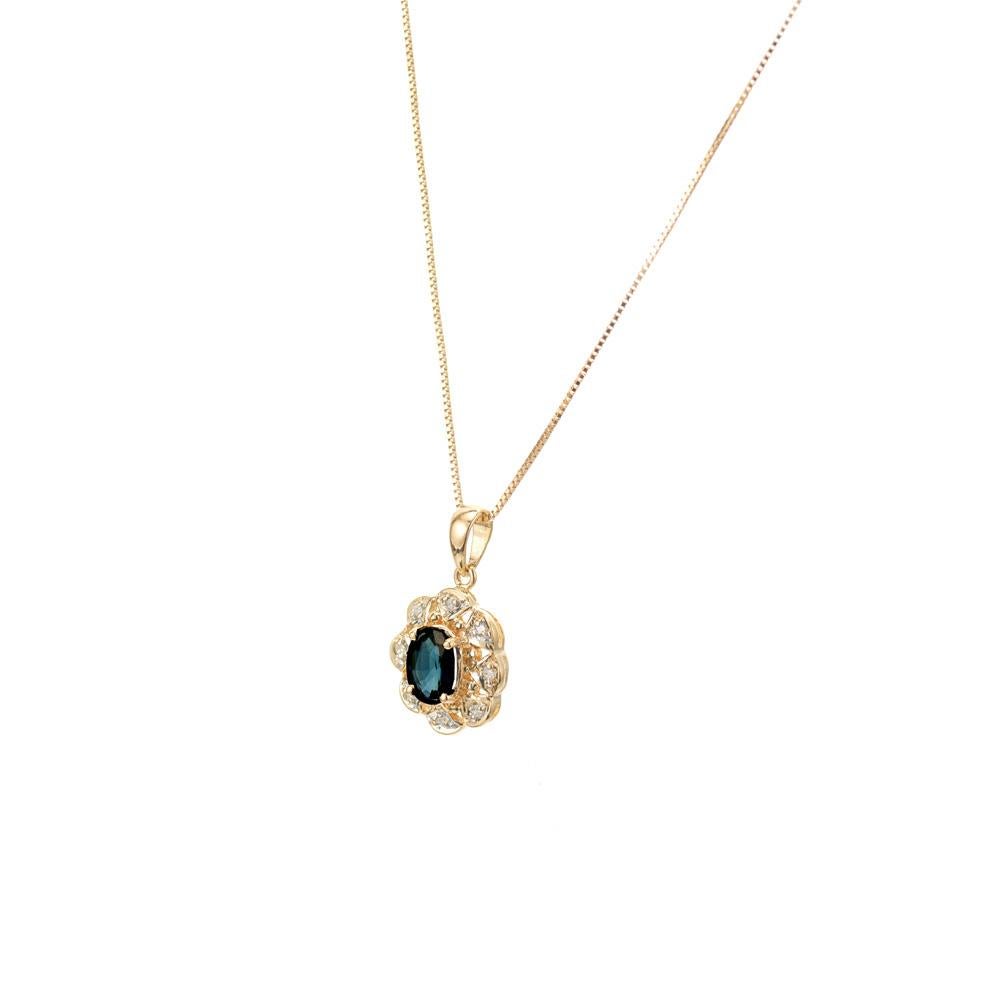 Oval Cut .75 Sapphire Diamond Halo Yellow Gold Pendant Necklace  For Sale