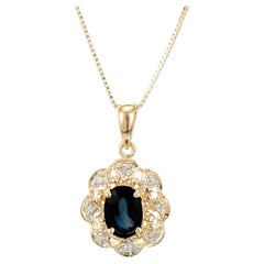 Retro .75 Sapphire Diamond Halo Yellow Gold Pendant Necklace 