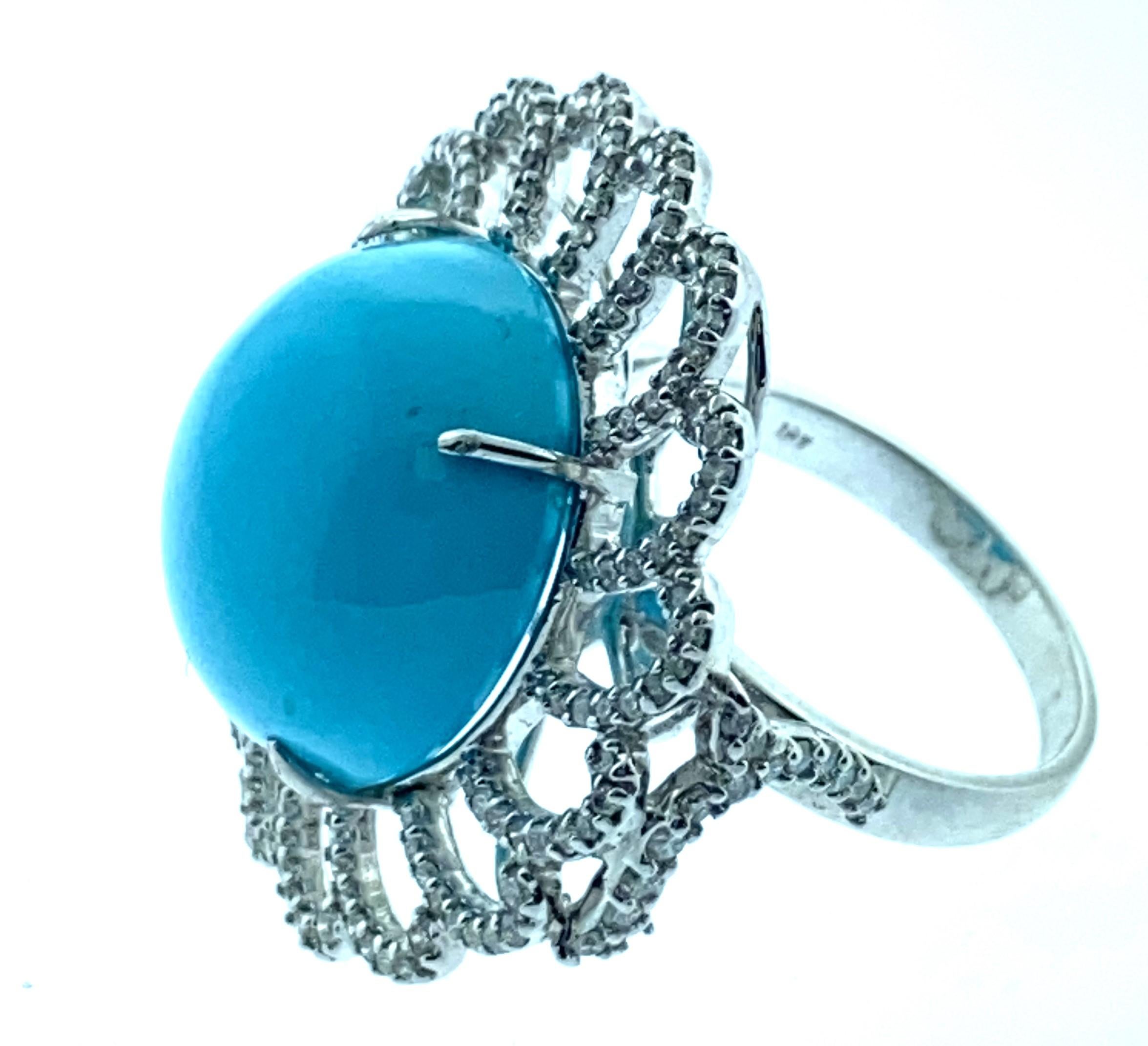 Modern 22.56 Carat Turquoise, 1.12 Carat Diamond Ring in 18 Karat White Gold For Sale