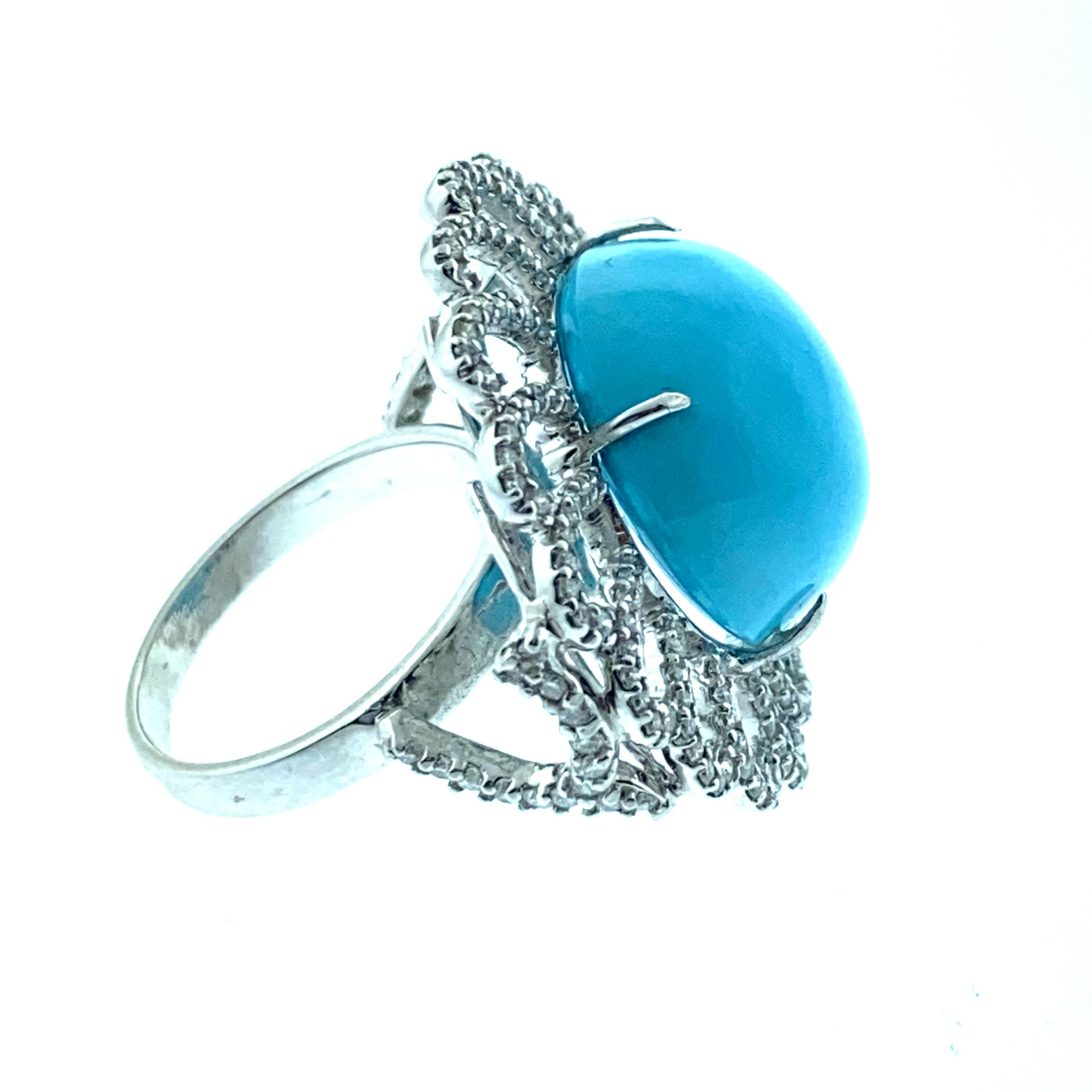22.56 Carat Turquoise, 1.12 Carat Diamond Ring in 18 Karat White Gold In New Condition For Sale In New York, NY