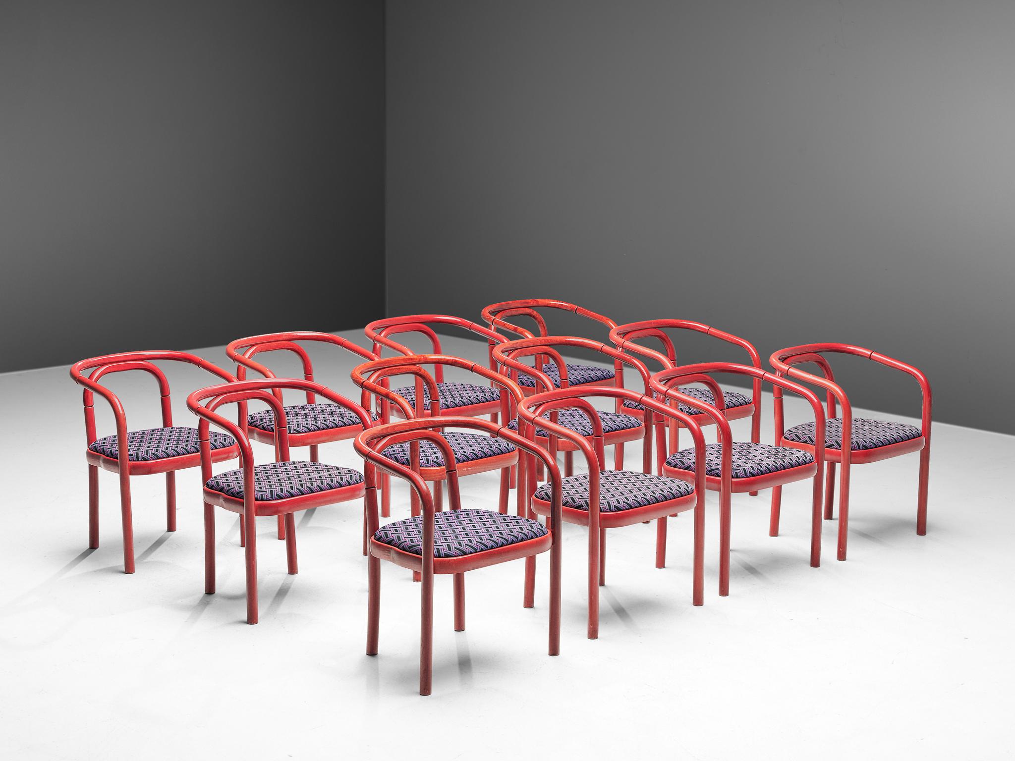 Ton, +75 armchairs, lacquered beech and fabric, Czech Republic, 1960s.

A large set of dining chairs that are manufactured by Ton. These chairs feature a wonderful bentwood frame. Simplistic design and a more modest model of Ton and Thonet. The