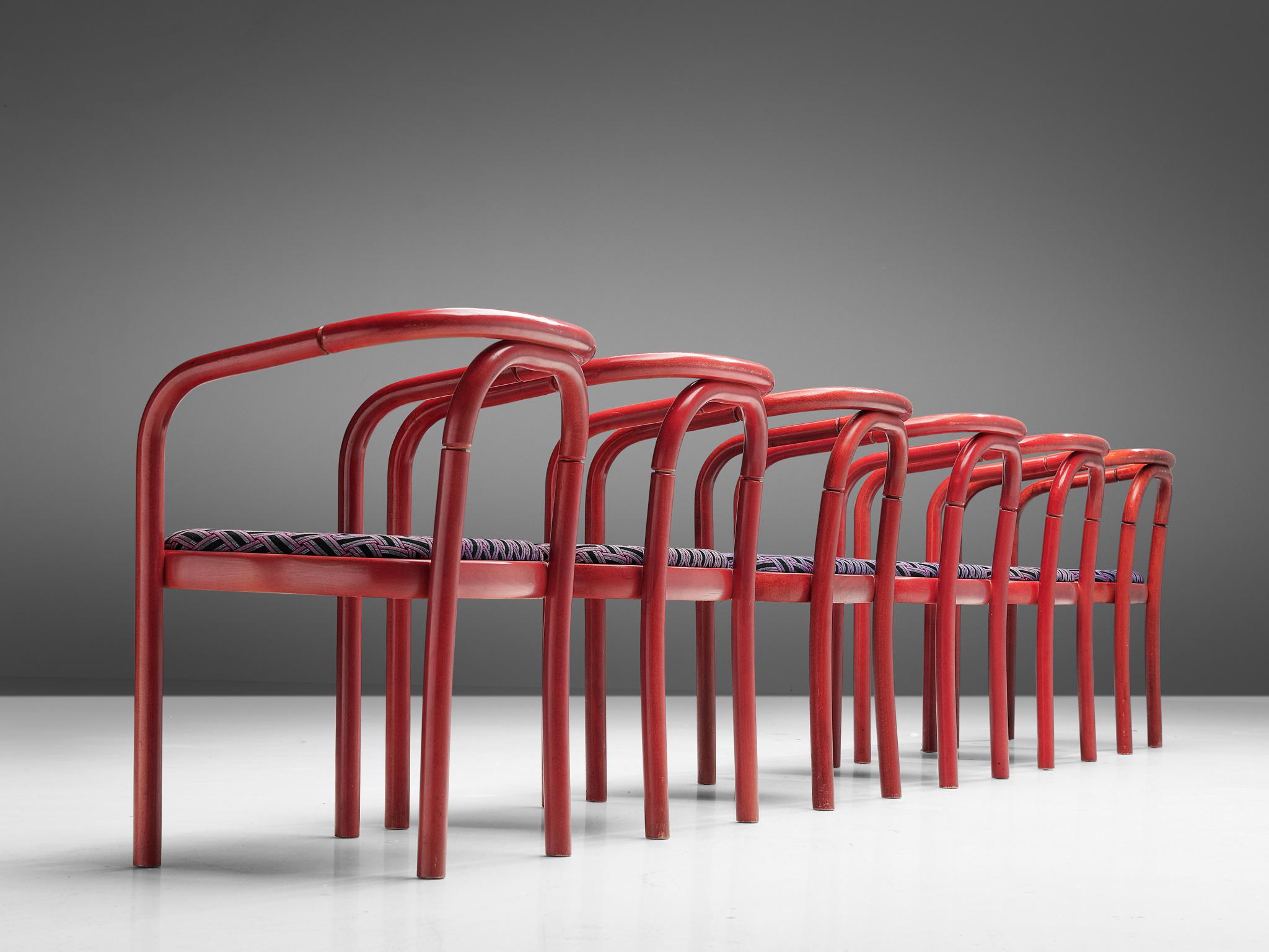 Lacquered Large Set of Ton Chairs with Red Wooden Frames +75