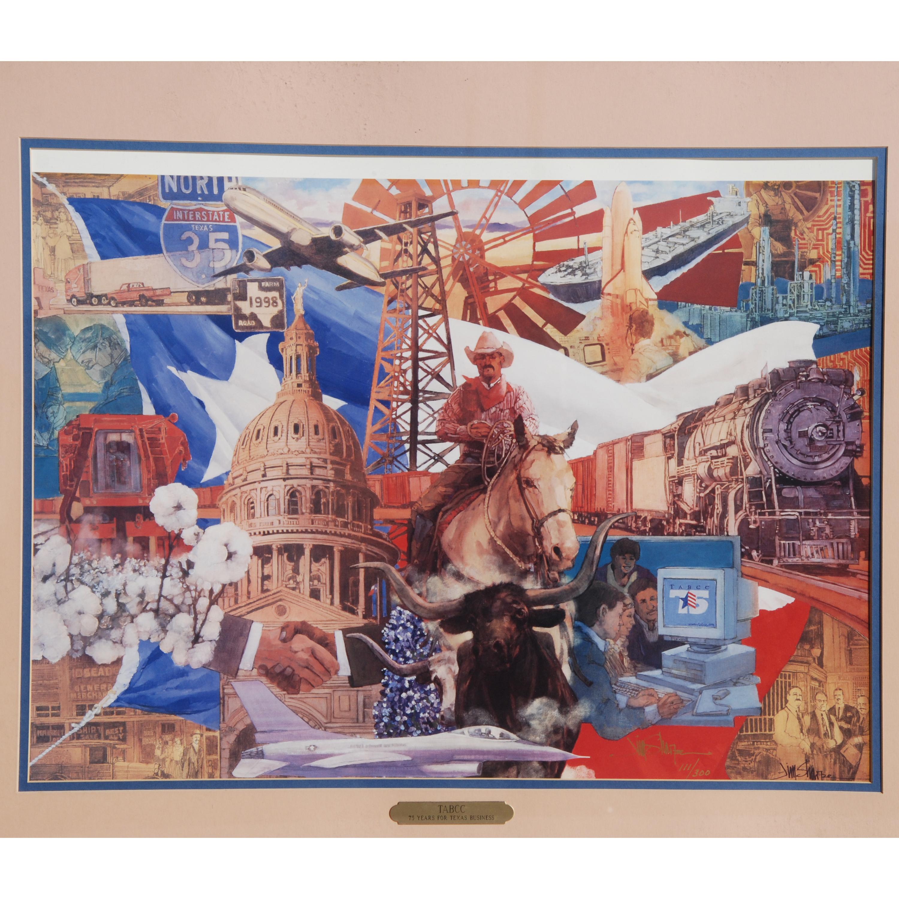This illustration was commissioned by the Texas Association of Business and Chamber of Commerce to commemorate 75 years of Texas industry. It features several Classic Texas motifs, particularly relating to notable segments of Texas industry. Number