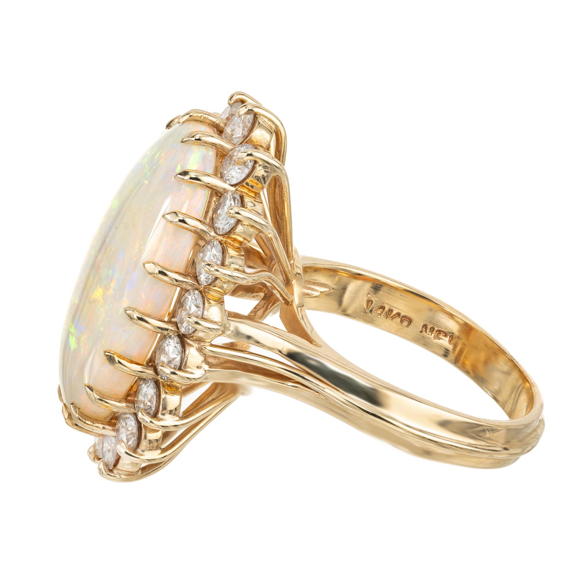 7.50 Carat Australian Oval Opal Diamond Halo Yellow Gold Cocktail Ring In Excellent Condition For Sale In Stamford, CT