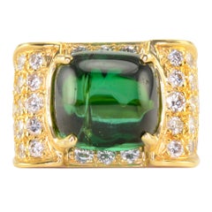 7.50 Carat Cabochon Green Tourmaline and Diamond Ring