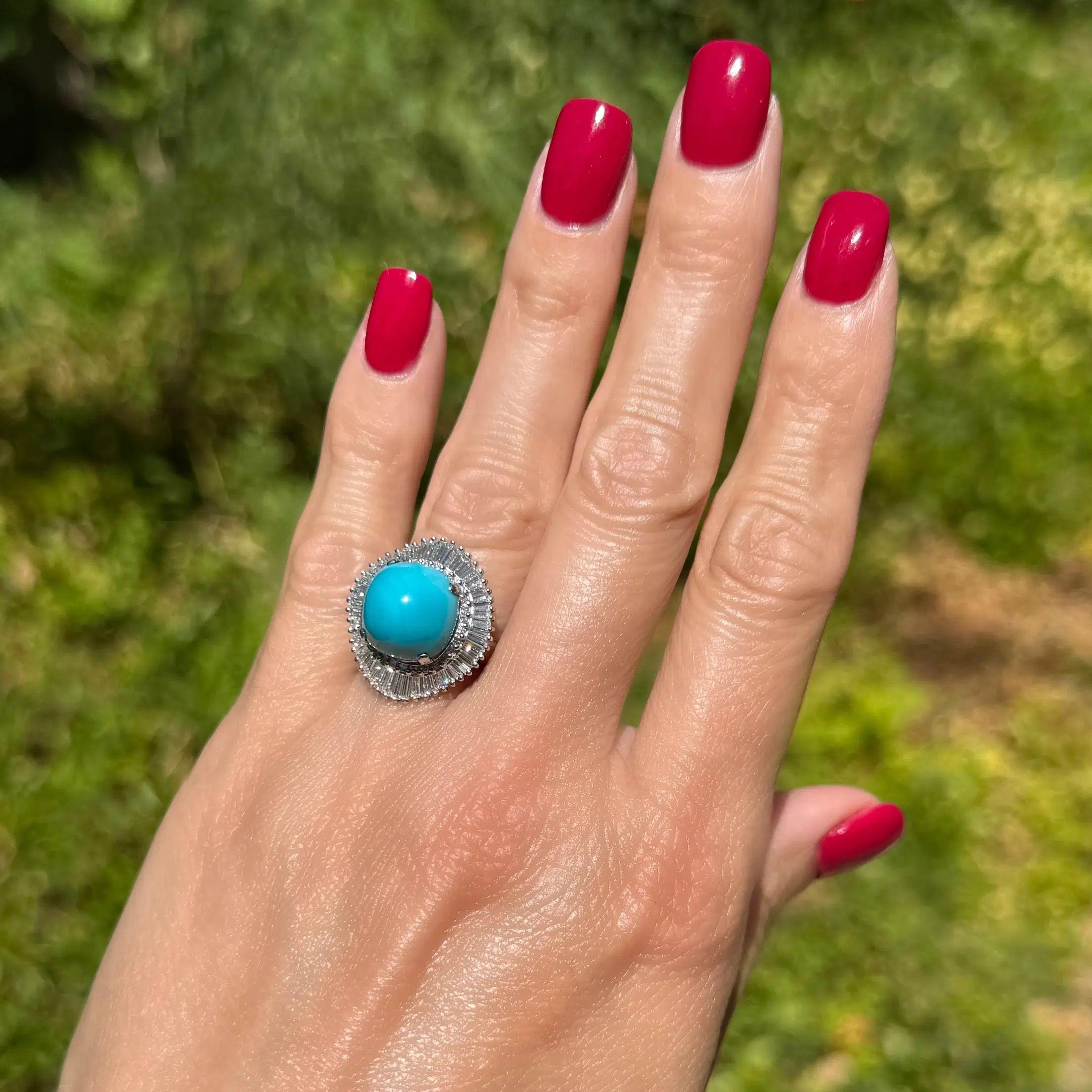 7,50 Karat Cabochon Türkis und Diamant Vintage Platin Ring (Modernistisch) im Angebot