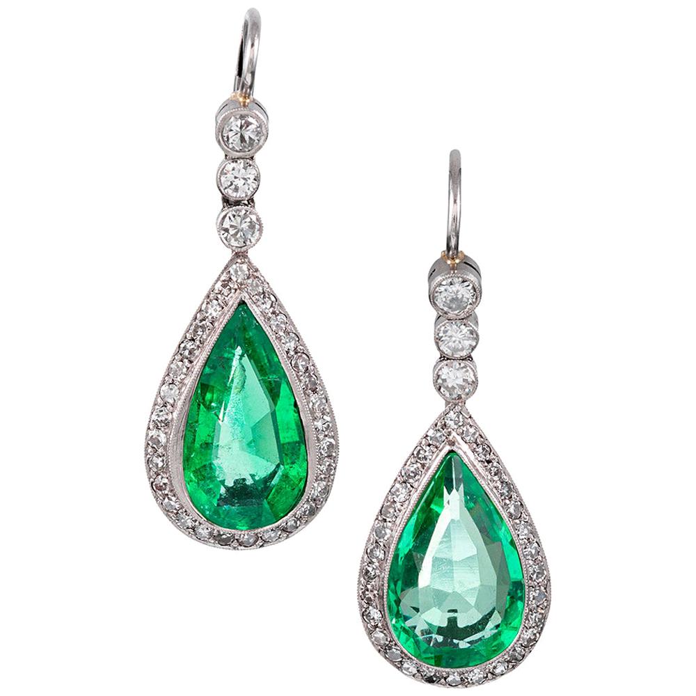 7.50 Carat Total Vintage Cabochon Emerald and Diamond Dangle Earrings ...